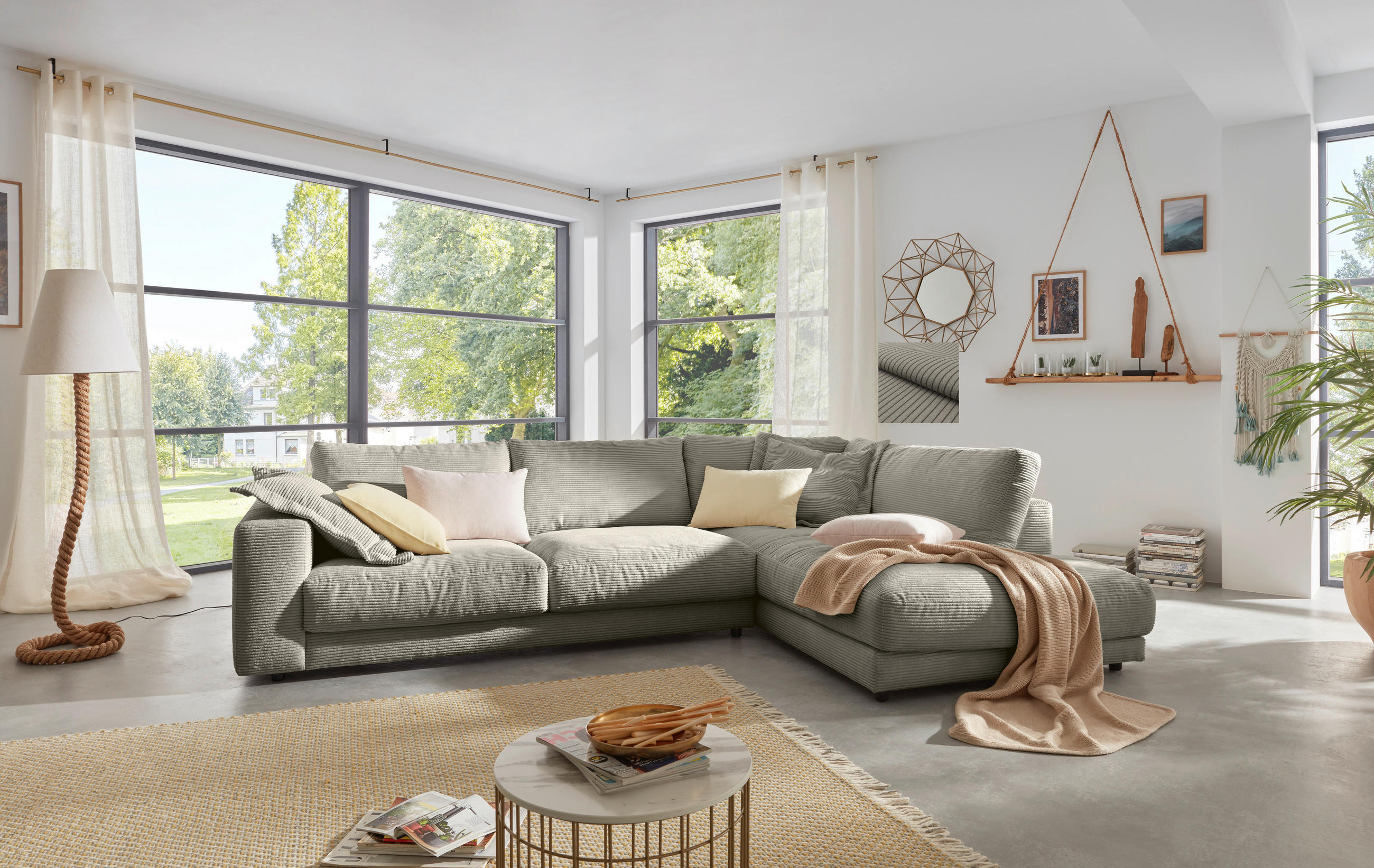 ECKSOFA Graubraun Cord  - Graubraun/Schwarz, Design, Kunststoff/Textil (325/224cm) - Hom`in