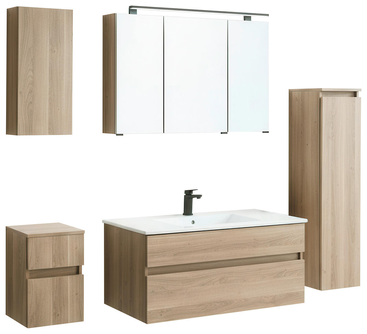 Baie 3 piese, 102 cm - alb/stejar închis la culoare, Design, ceramică/sticlă (102cm) - Novel