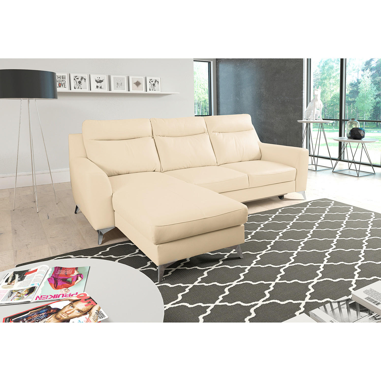 ECKSOFA Lederlook Echtleder Beige  - Chromfarben/Beige, Design, Leder/Textil (236/168cm) - Livetastic