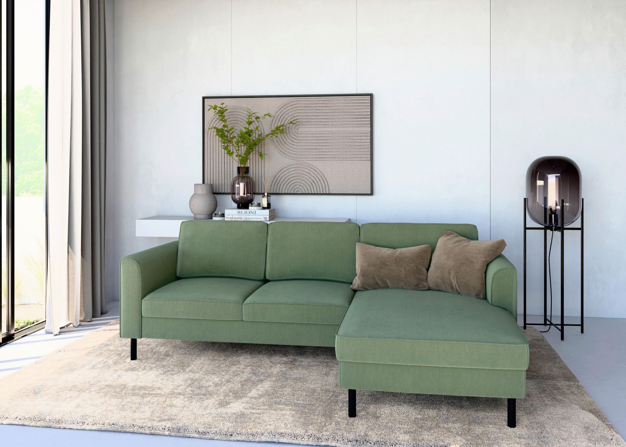 ECKSOFA  in Cord Grün  232/161 cm  - Schwarz/Grün, MODERN, Textil/Metall (232/161cm) - Trendmanufaktur