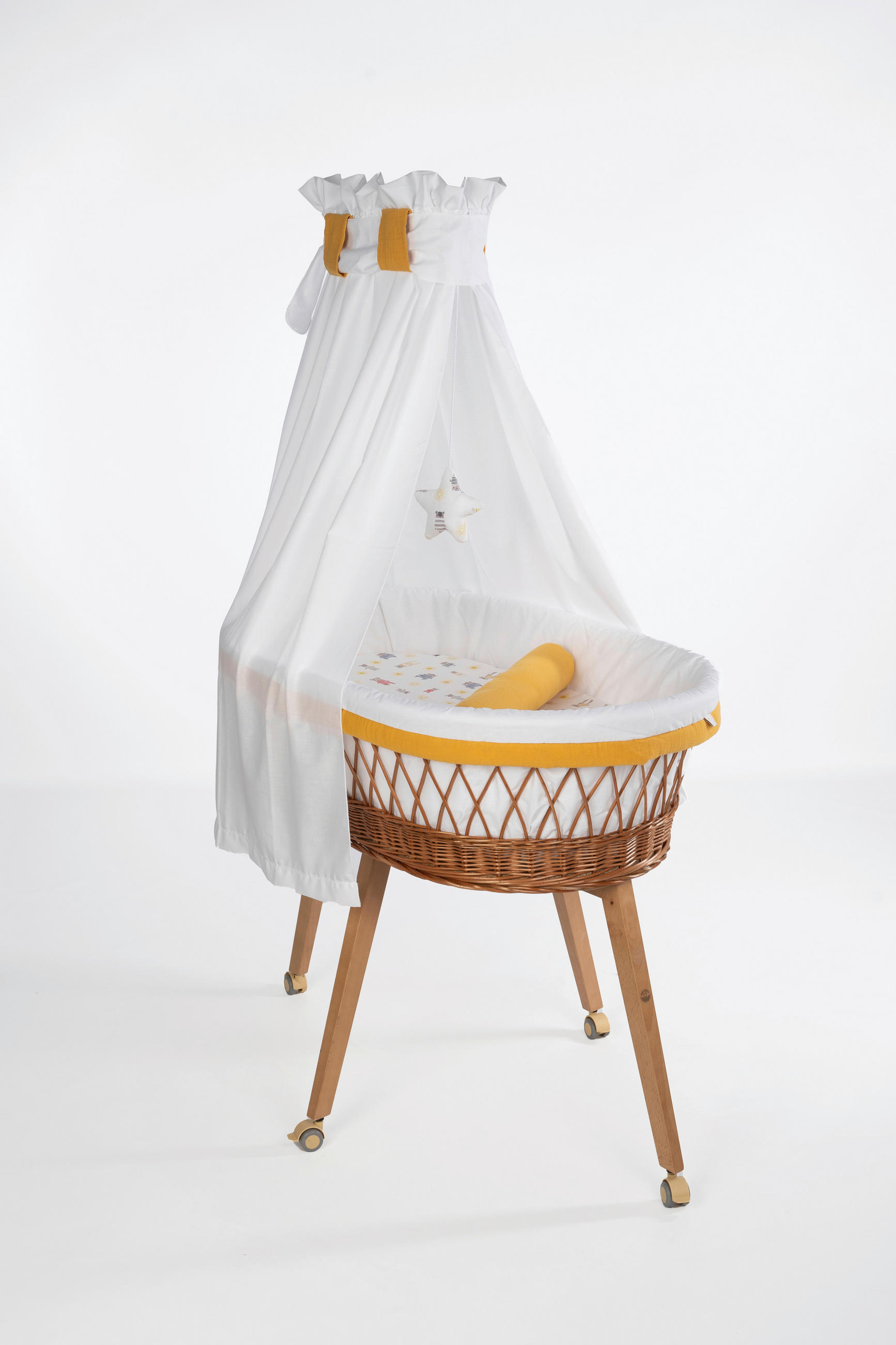 STUBENWAGEN-KOMPLETTSET Babybett Lounge Natur Pyjamabär Buche  Weiß, Buchefarben, Currygelb  - Currygelb/Buchefarben, Basics, Holz/Textil (60/167/100cm) - Mionido