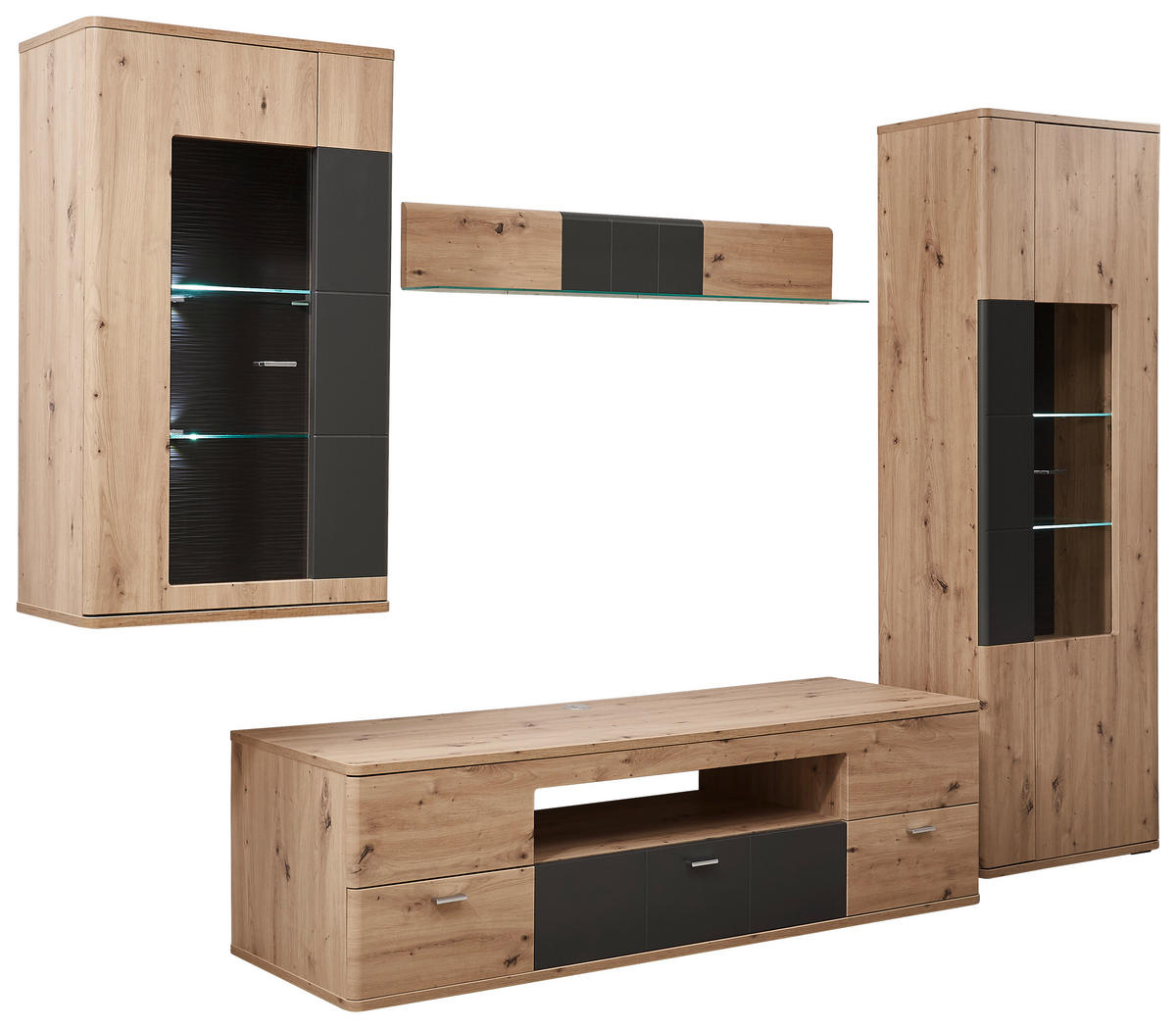WOHNWAND  in Graphitfarben, Eichefarben  290/200/55 cm  - Eichefarben/Silberfarben, KONVENTIONELL, Holzwerkstoff/Kunststoff (290/200/55cm) - Xora