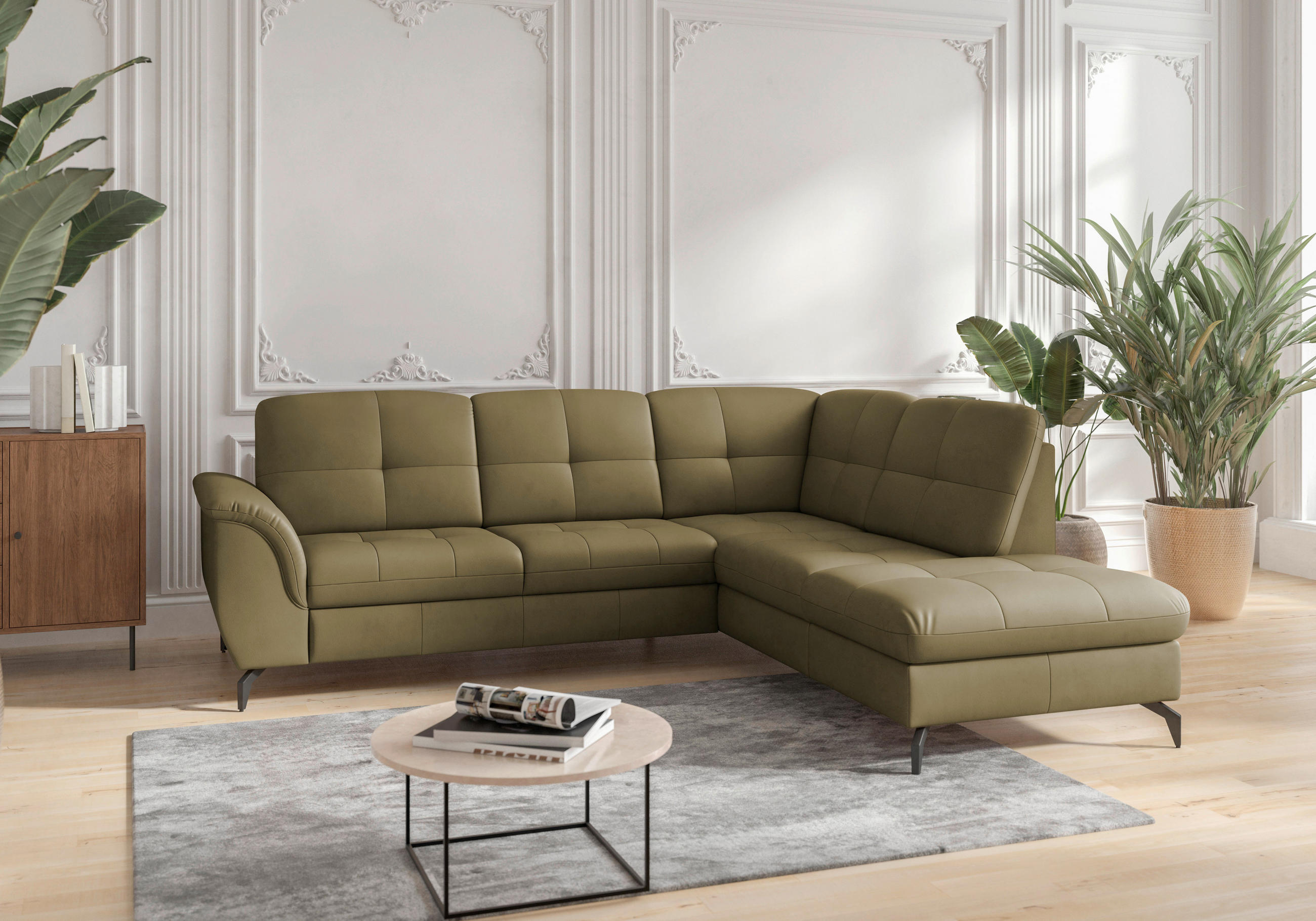 ECKSOFA in Vliesstoff Kombination Echtleder/Stoff Olivgrün  244/212 cm  - Schwarz/Olivgrün, MODERN, Leder/Textil (244/212cm) - Sit & More