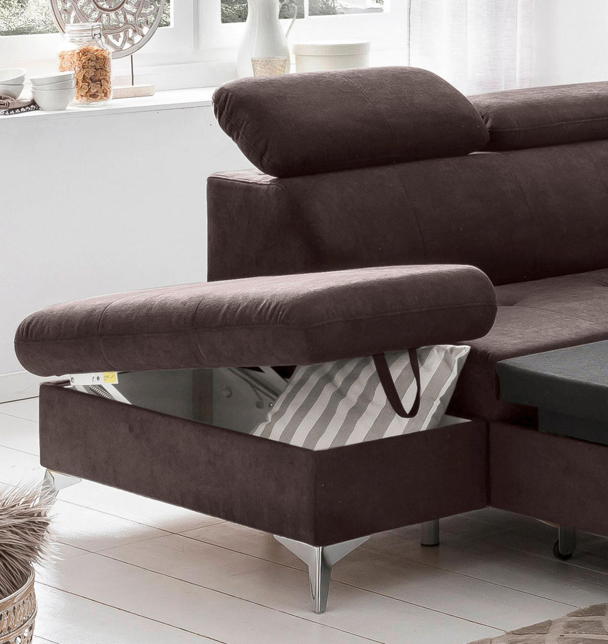 ECKSOFA Dunkelbraun Mikrofaser  - Chromfarben/Dunkelbraun, KONVENTIONELL, Textil/Metall (209/256cm) - Livetastic