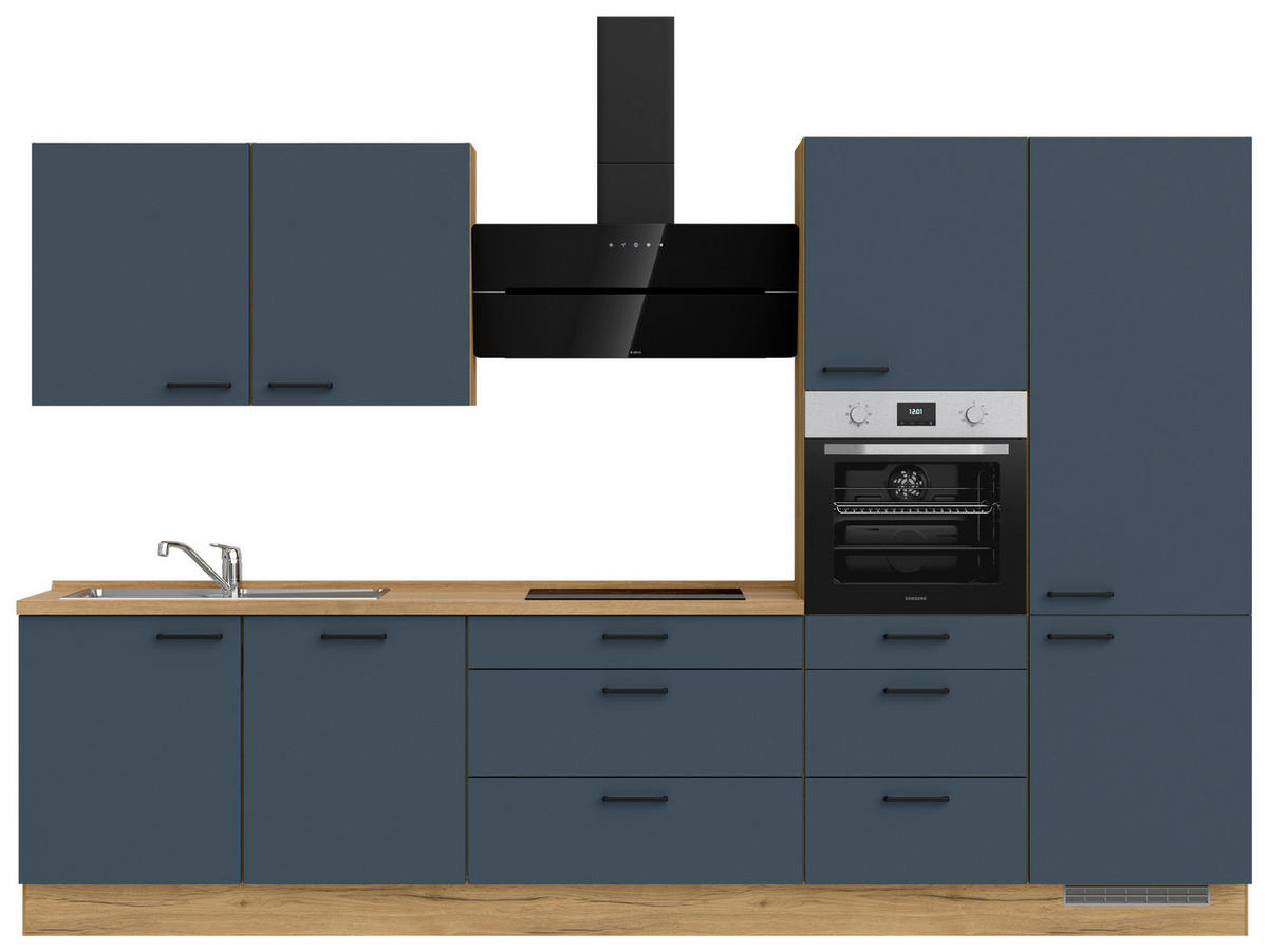 KÜCHENBLOCK 330 cm   in Eichefarben, Dunkelblau  - Eichefarben/Schwarz, MODERN, Holzwerkstoff/Metall (330cm) - Nobilia