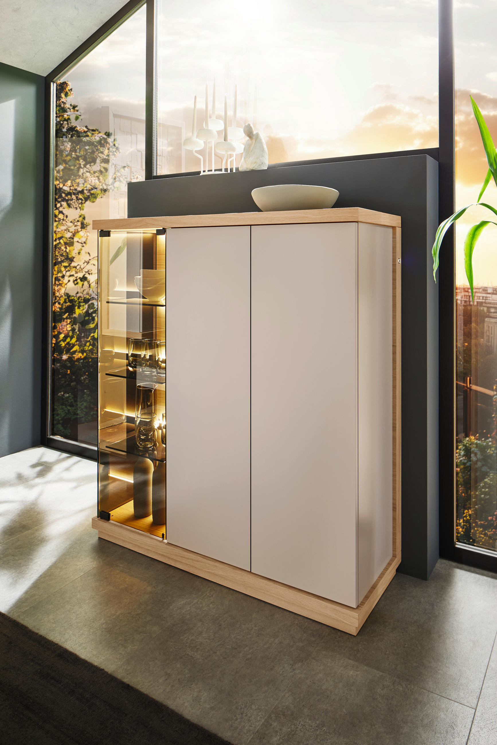 HIGHBOARD Rosa, Eichefarben, Beige  117/128/38 cm  - Eichefarben/Beige, Design, Glas/Holz (117/128/38cm) - Emilio Belluti