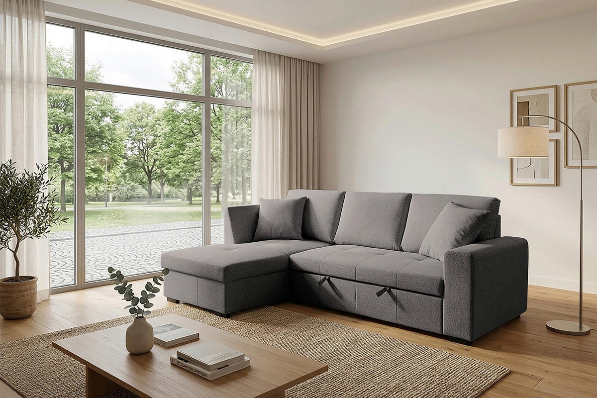 ECKSOFA LUKAS Dunkelgrau Struktur Zierkissen, Bettkasten  - Dunkelgrau, Trend, Textil (158/239cm) - P & B