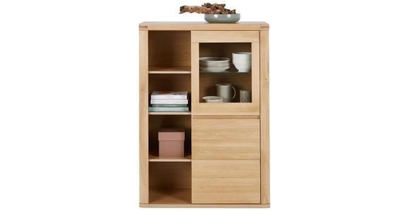 HIGHBOARD Eiche massiv Alteiche Einlegeböden  - Alteiche/Grau, KONVENTIONELL, Glas/Holz (98/140/38cm) - Voleo