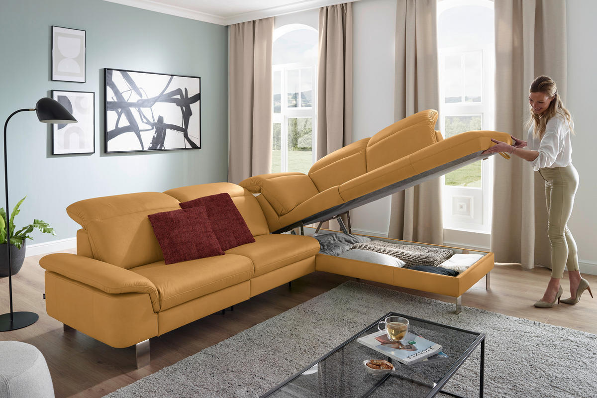 ECKSOFA in Echtleder Senfgelb  309/233 cm  - Edelstahlfarben/Senfgelb, Design, Leder/Metall (309/233cm) - Dieter Knoll