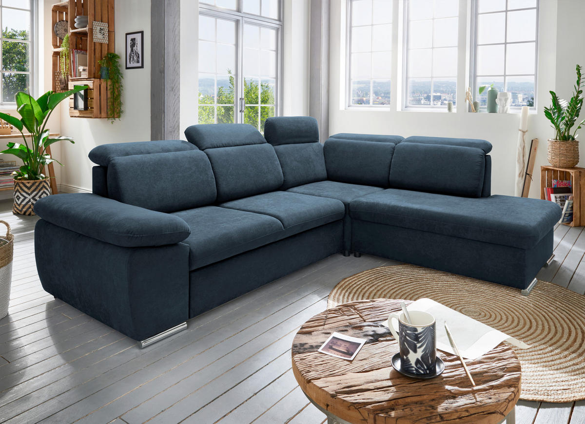 ECKSOFA  in Mikrofaser Dunkelblau  - Chromfarben/Dunkelblau, Design, Textil/Metall (283/228cm) - Livetastic