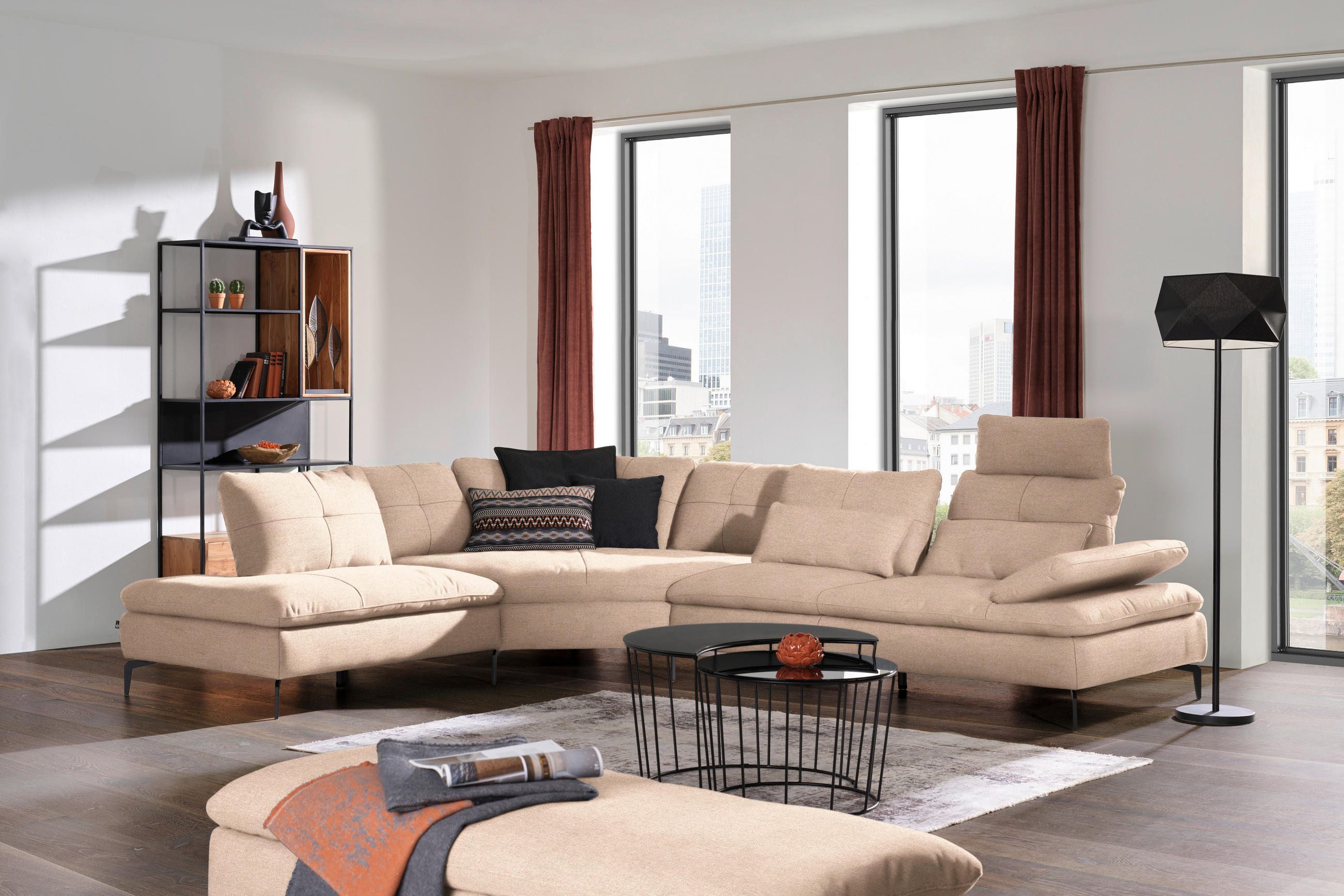 ECKSOFA in Flachgewebe Hellbraun  - Hellbraun/Schwarz, Design, Textil/Metall (271/344cm) - Chilliano