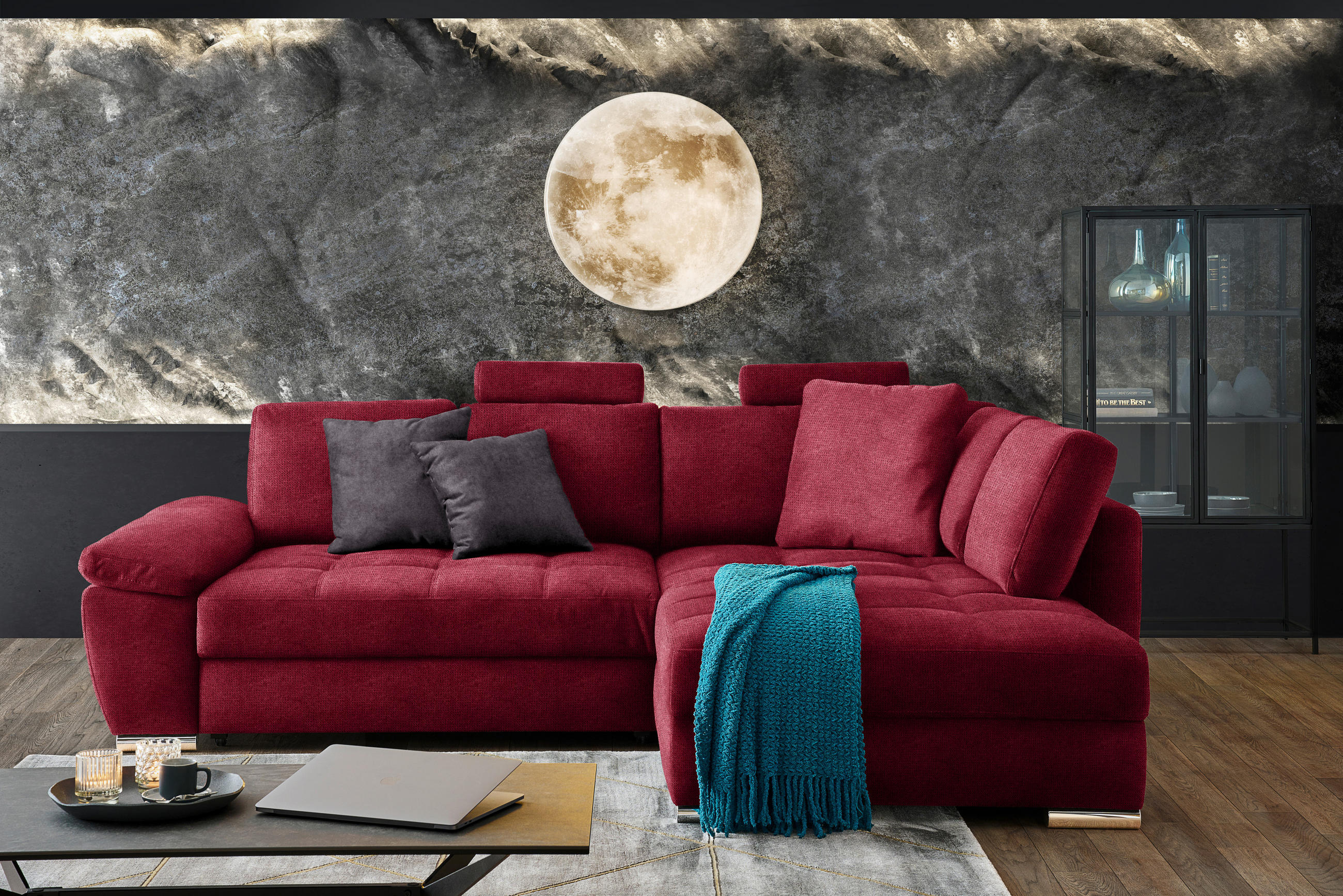 ECKSOFA in Webstoff Rot  276/212 cm  - Chromfarben/Dunkelgrau, Design, Kunststoff/Textil (276/212cm) - Carryhome