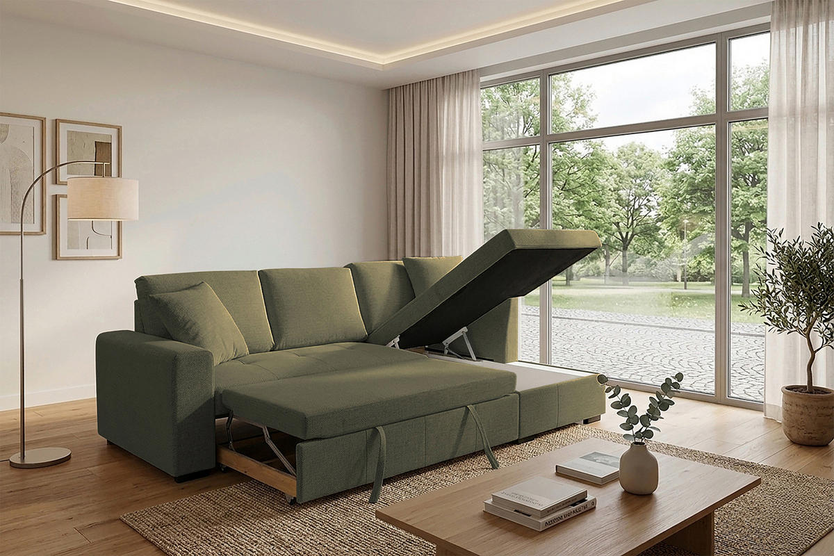 ECKSOFA LUKAS Olivgrün Struktur Zierkissen, Bettkasten  - Olivgrün, Trend, Textil (239/158cm) - P & B