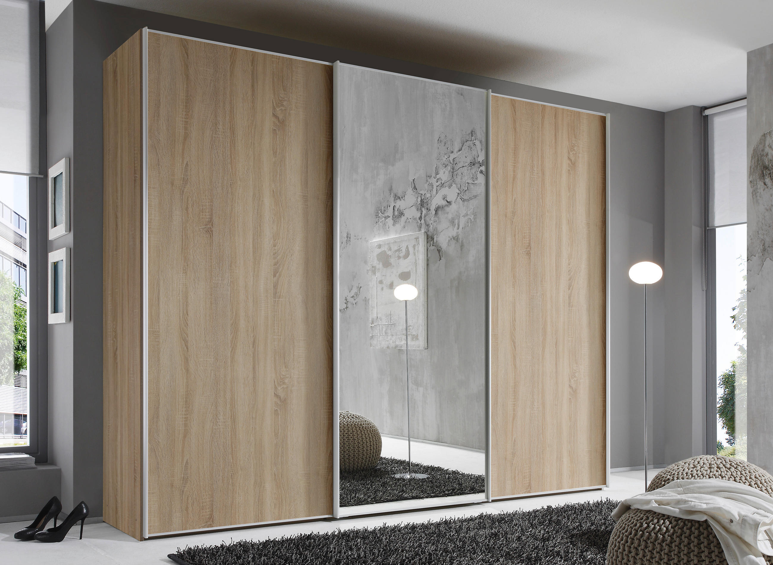 SCHWEBETÜRENSCHRANK in Sonoma Eiche  - Alufarben/Sonoma Eiche, Design, Glas/Holzwerkstoff (249/240/68cm) - Moderano