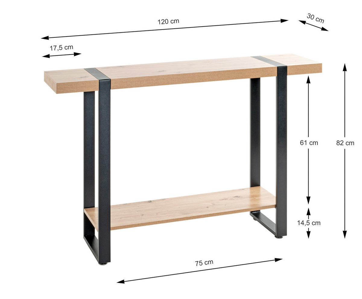 KONSOLENTISCH Schwarz, Eichefarben  - Eichefarben/Schwarz, Design, Holzwerkstoff/Metall (120/30/82cm)