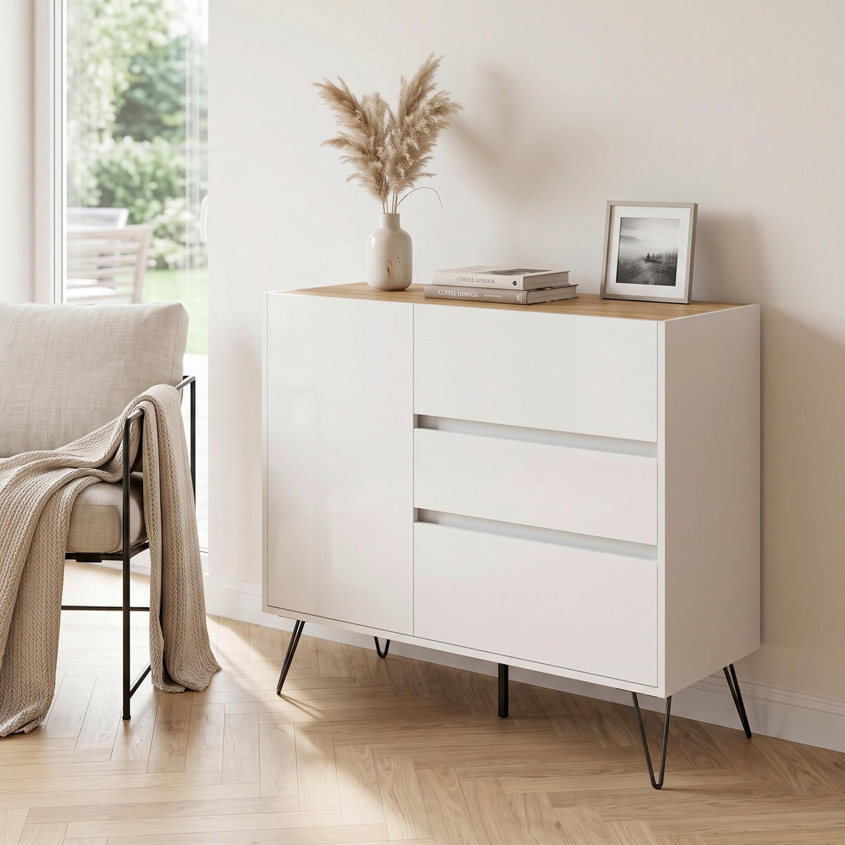 SIDEBOARD Posseik Industrial 99/93,6/42 cm 3 Schublade(n)  - Weiß Hochglanz/Eichefarben, Design, Holzwerkstoff/Metall (99/93,6/42cm) - MID.YOU