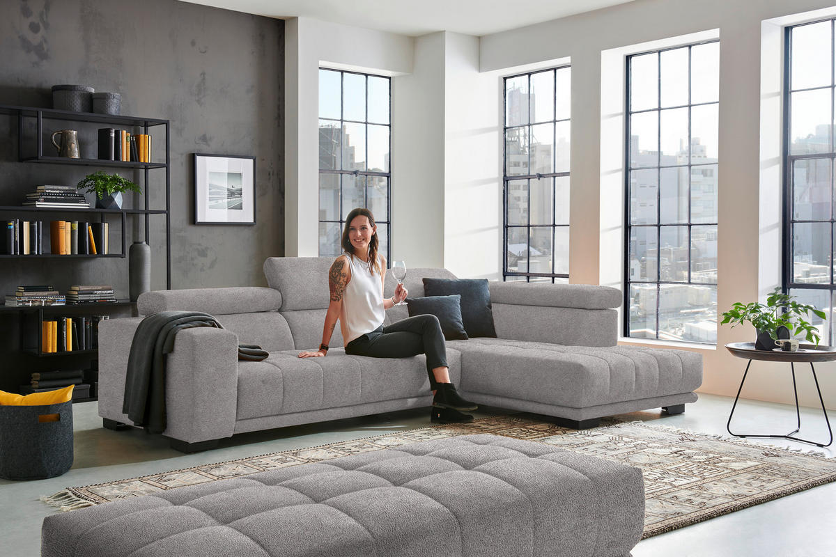 ECKSOFA in Mikrofaser Hellgrau  301/207 cm  - Hellgrau/Schwarz, Design, Textil/Metall (301/207cm) - Xora