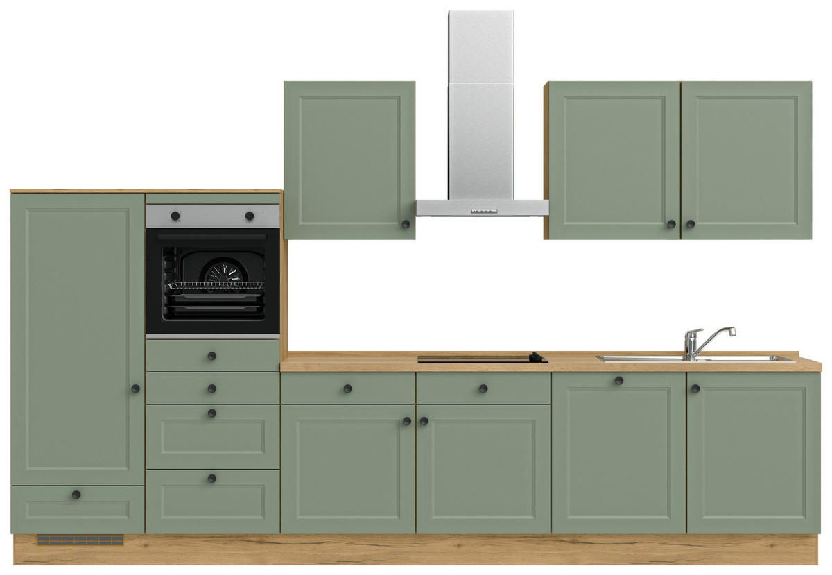 KÜCHENBLOCK 360 cm   in Eichefarben, Schilfgrün  - Schilfgrün/Eichefarben, MODERN, Holzwerkstoff/Metall (360cm) - Nobilia