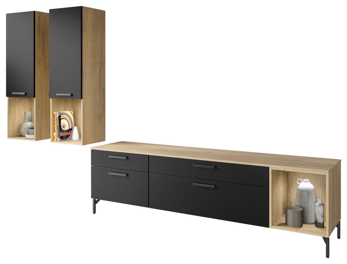 WOHNWAND  in Schwarz, Eichefarben  300/190/48,5 cm  - Eichefarben/Schwarz, Design, Holzwerkstoff/Metall (300/190/48,5cm) - Celina Home