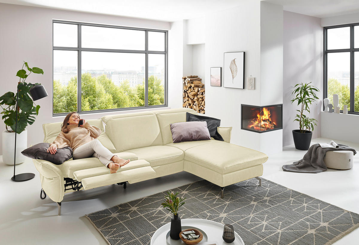 ECKSOFA in Echtleder Creme  - Creme/Nickelfarben, Modern, Leder/Metall (233/179cm) - Livetastic