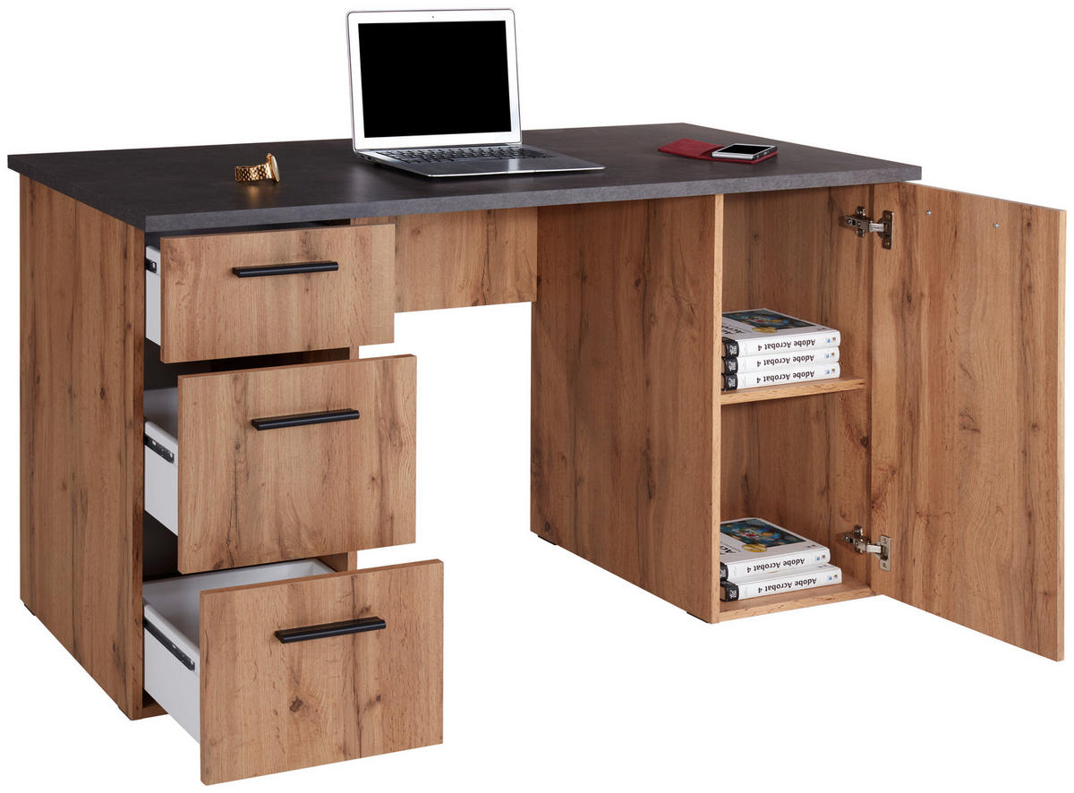 PISALNA MIZA leseni material barve hrasta  - barve hrasta/barve aluminija, Moderno, umetna masa/leseni material (138/76/60cm) - Carryhome