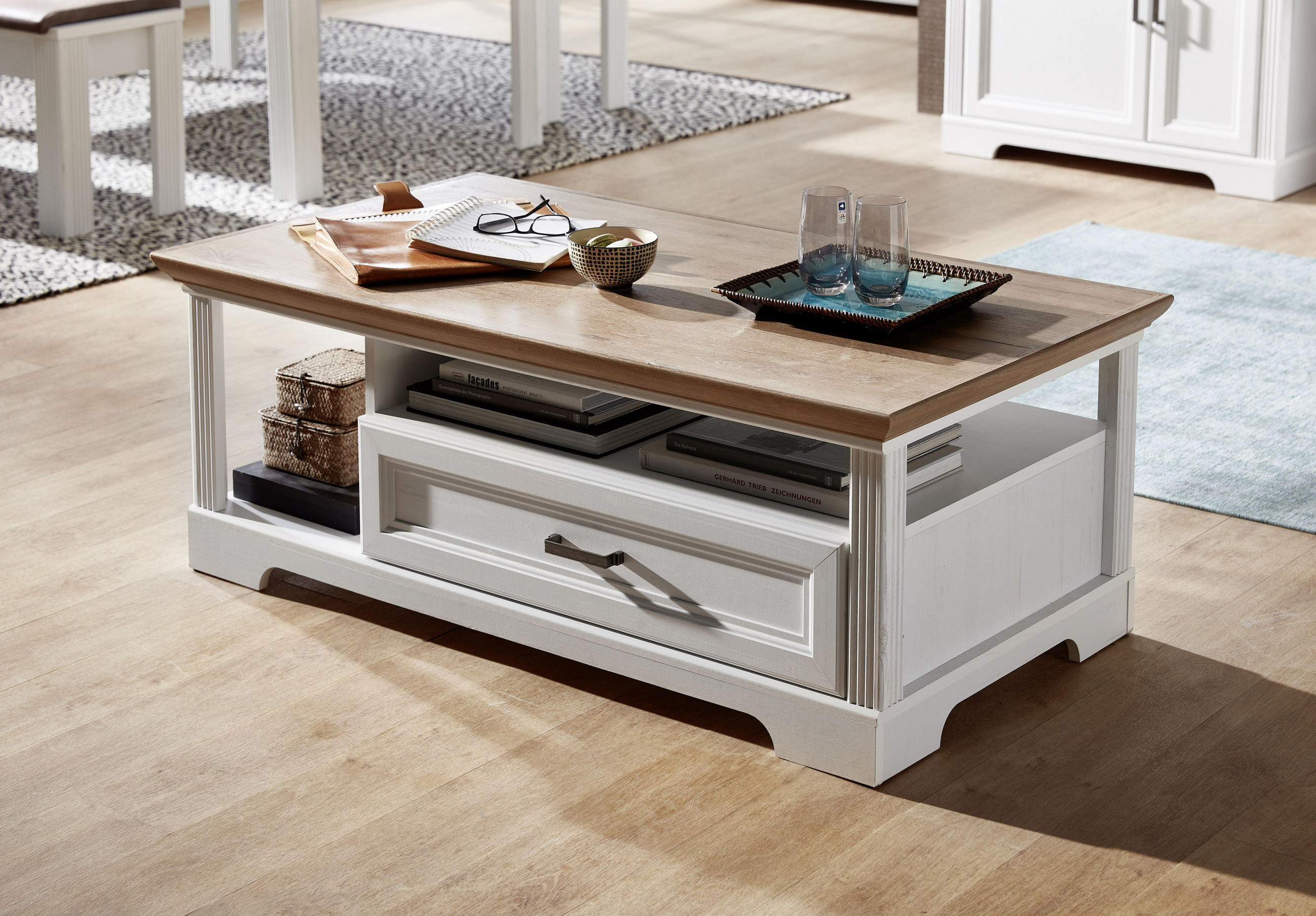 COUCHTISCH rechteckig Weiß, Eichefarben 120/67/45 cm - Eichefarben/Weiß, ROMANTIK / LANDHAUS, Metall (120/67/45cm) - Livetastic