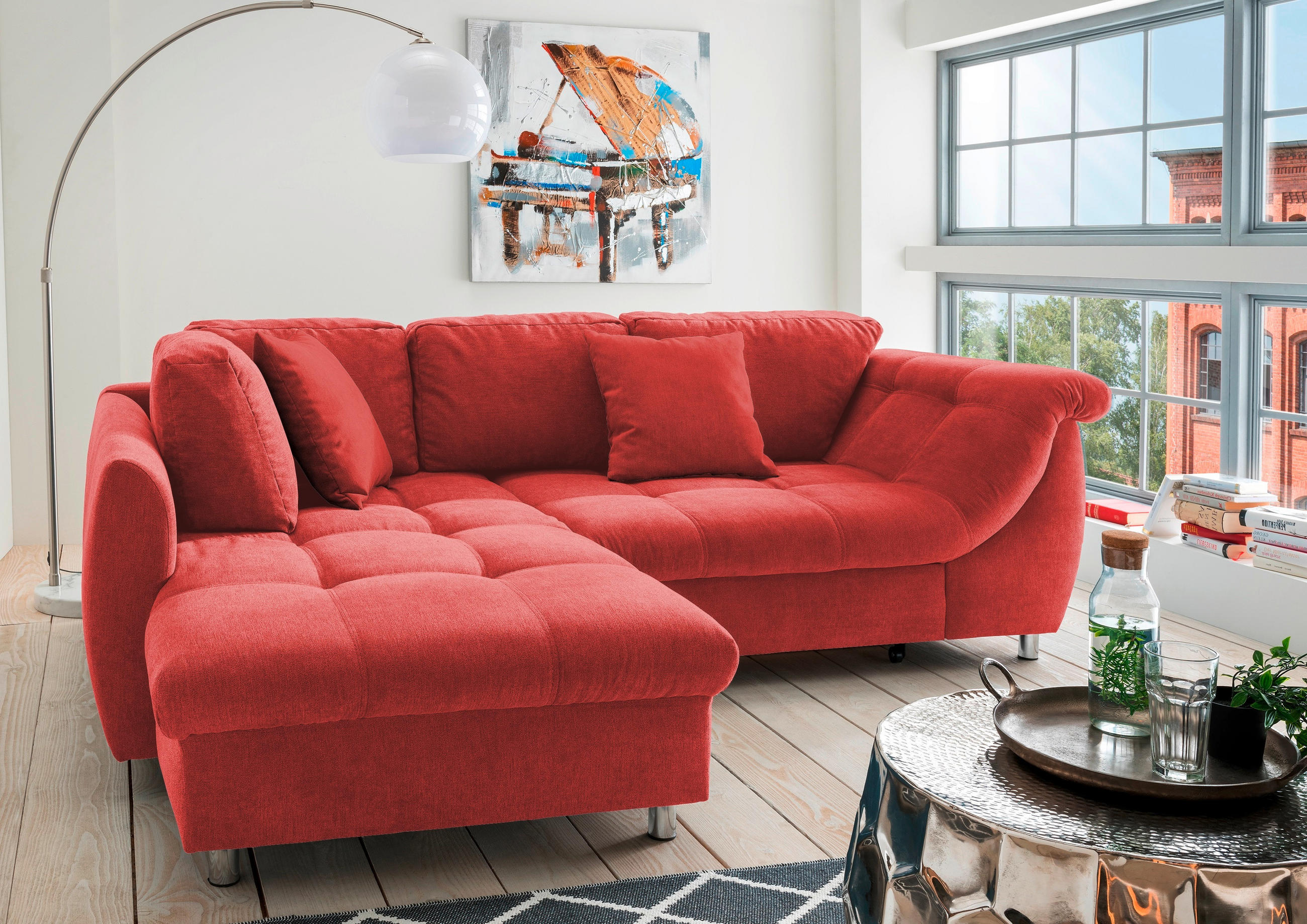 ECKSOFA Rot Mikrofaser  - Chromfarben/Rot, Design, Kunststoff/Textil (190/250cm) - Livetastic