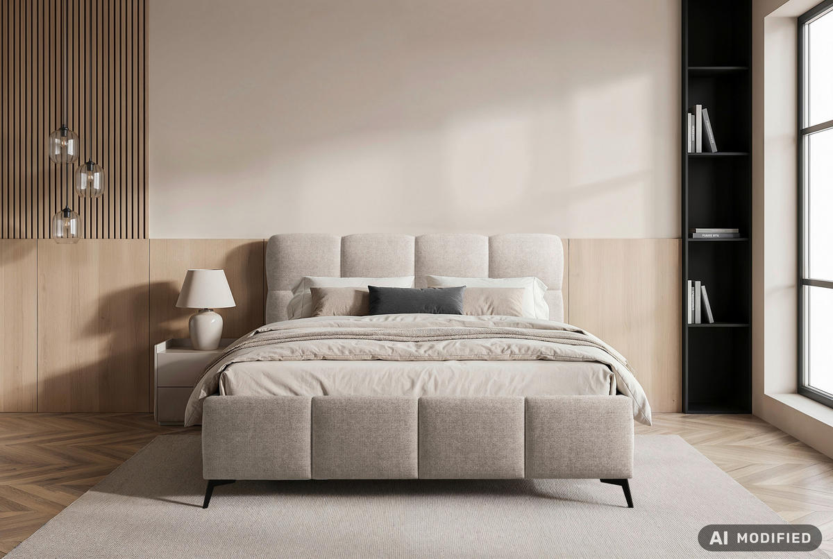 POLSTERBETT 140/200 cm,  in Beige, gepolstertes Kopfteil, Lattenrost,  - Beige/Schwarz, Design, Holz/Textil (140/200cm) - Chameo