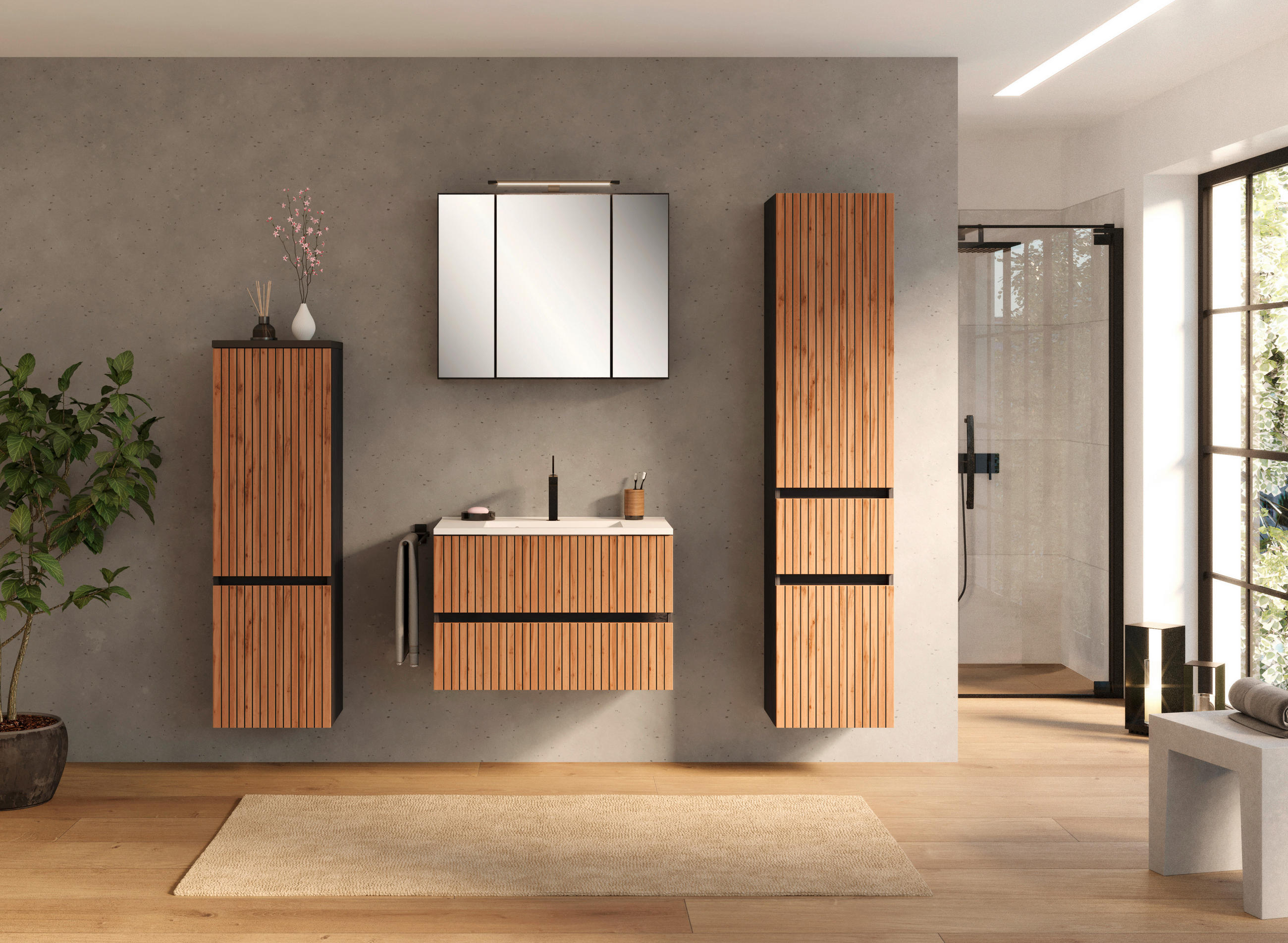 Thumbnail - Xora Waschtischkombi Hanoi, Graphit, Schwarz, Eiche Wotan, Holzwerkstoff, Streifen, 2 Schubladen, 80 cm, Made in Germany...