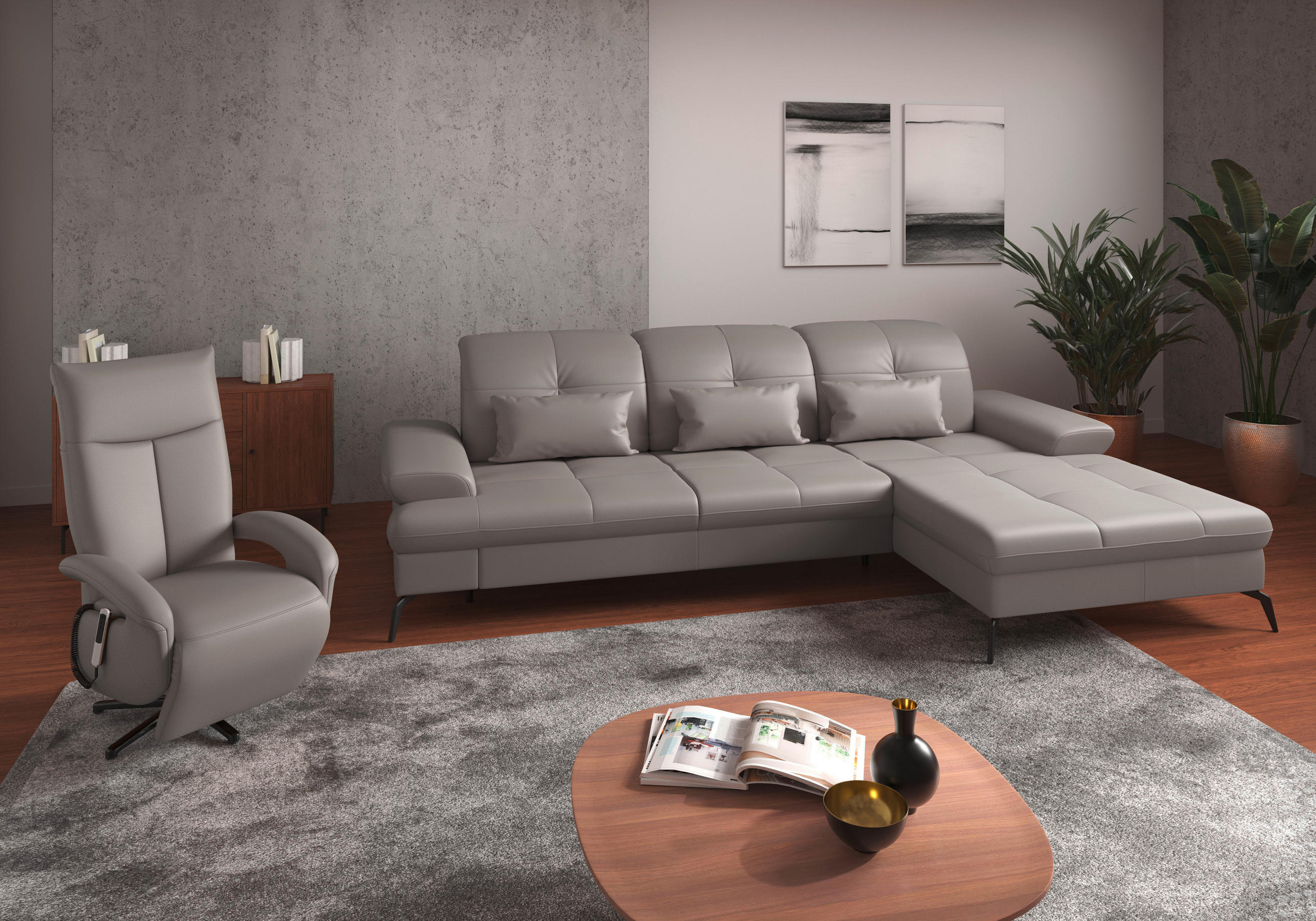 Thumbnail - Sit & More Ecksofa, Hellgrau, Leder, Echtleder, Nappaleder, 4,5-Sitzer, Ottomane rechts, L-Form, 279x185 cm, Goldenes M,...