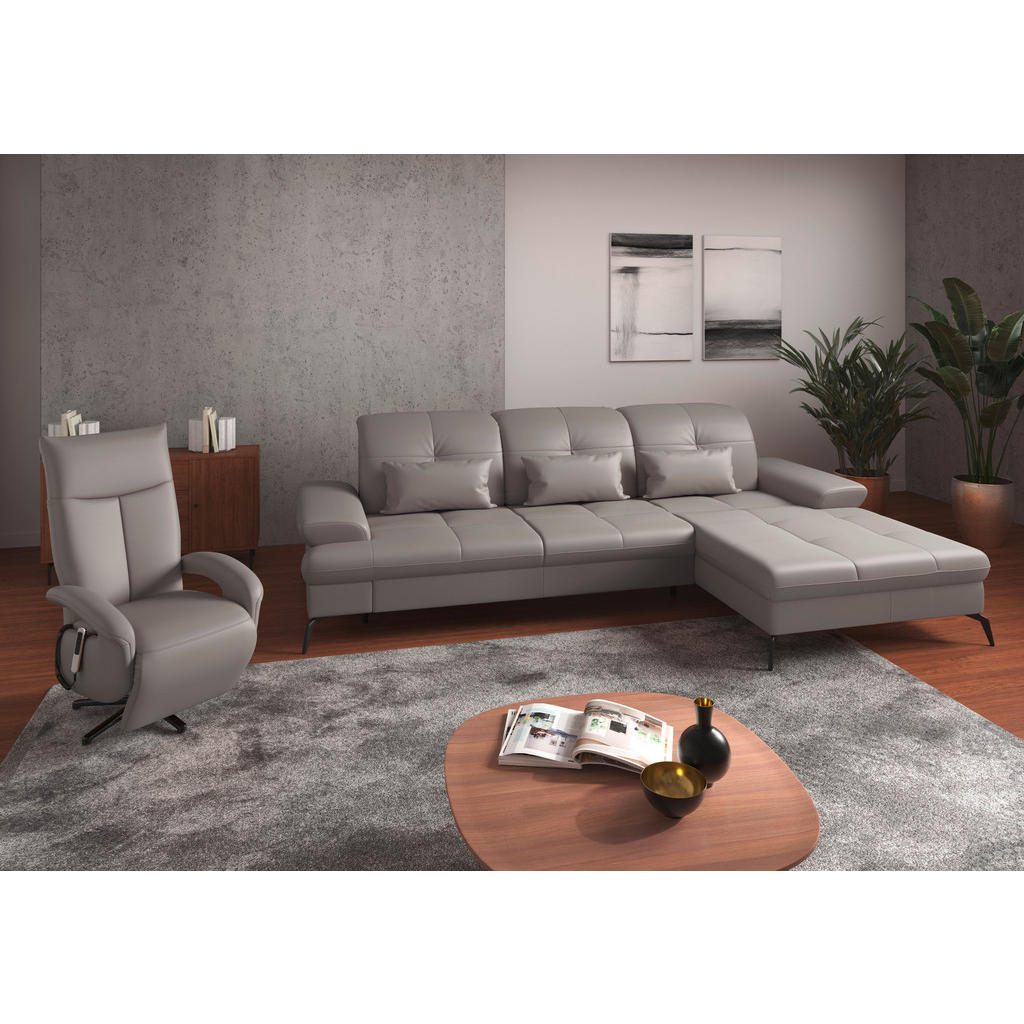 Thumbnail - Sit & More Ecksofa, Hellgrau, Textil, Leder, Kombination Echtleder/Stoff, Nappaleder, 4,5-Sitzer, Ottomane rechts, L-For...