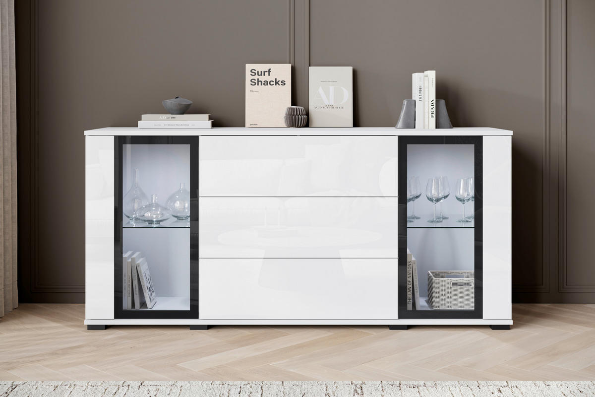 SIDEBOARD Caro  in 150/69,7/39,5 cm  - Weiß Hochglanz/Schwarz, Design, Glas/Holzwerkstoff (150/69,7/39,5cm) - Livetastic