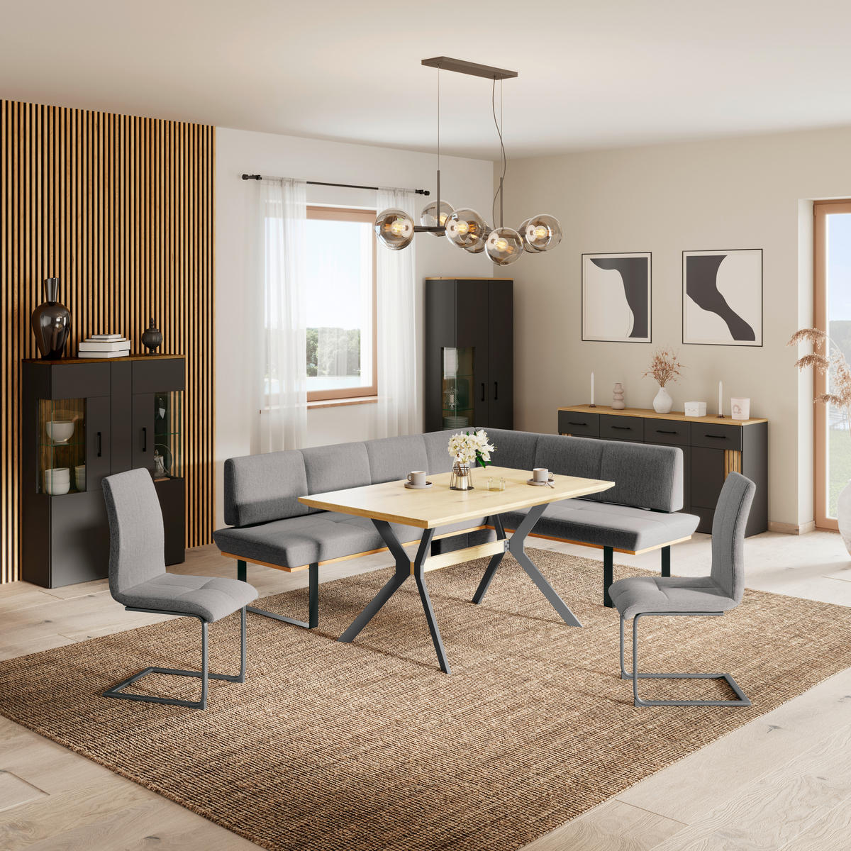 ECKBANK 225/175 cm Webstoff Grau Eiche vollmassiv   - Schwarz/Grau, MODERN, Holz/Textil (225/175cm) - Livetastic