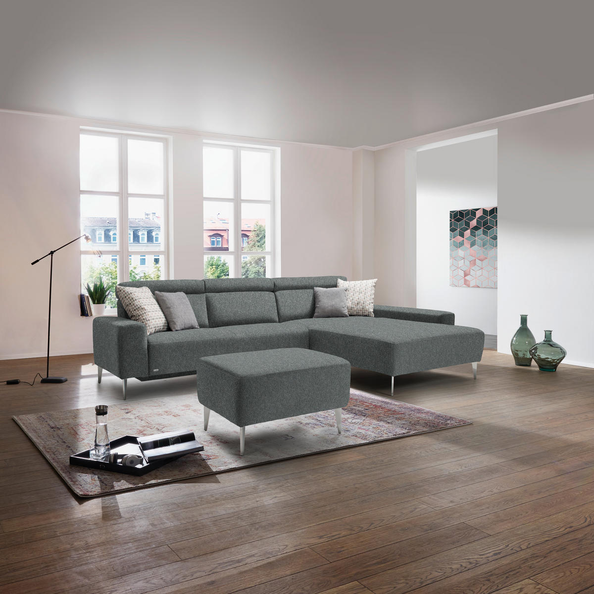 ECKSOFA  in Mikrovelours Graugrün  308/205 cm  - Alufarben/Graugrün, Design, Textil (308/205cm) - Sedda