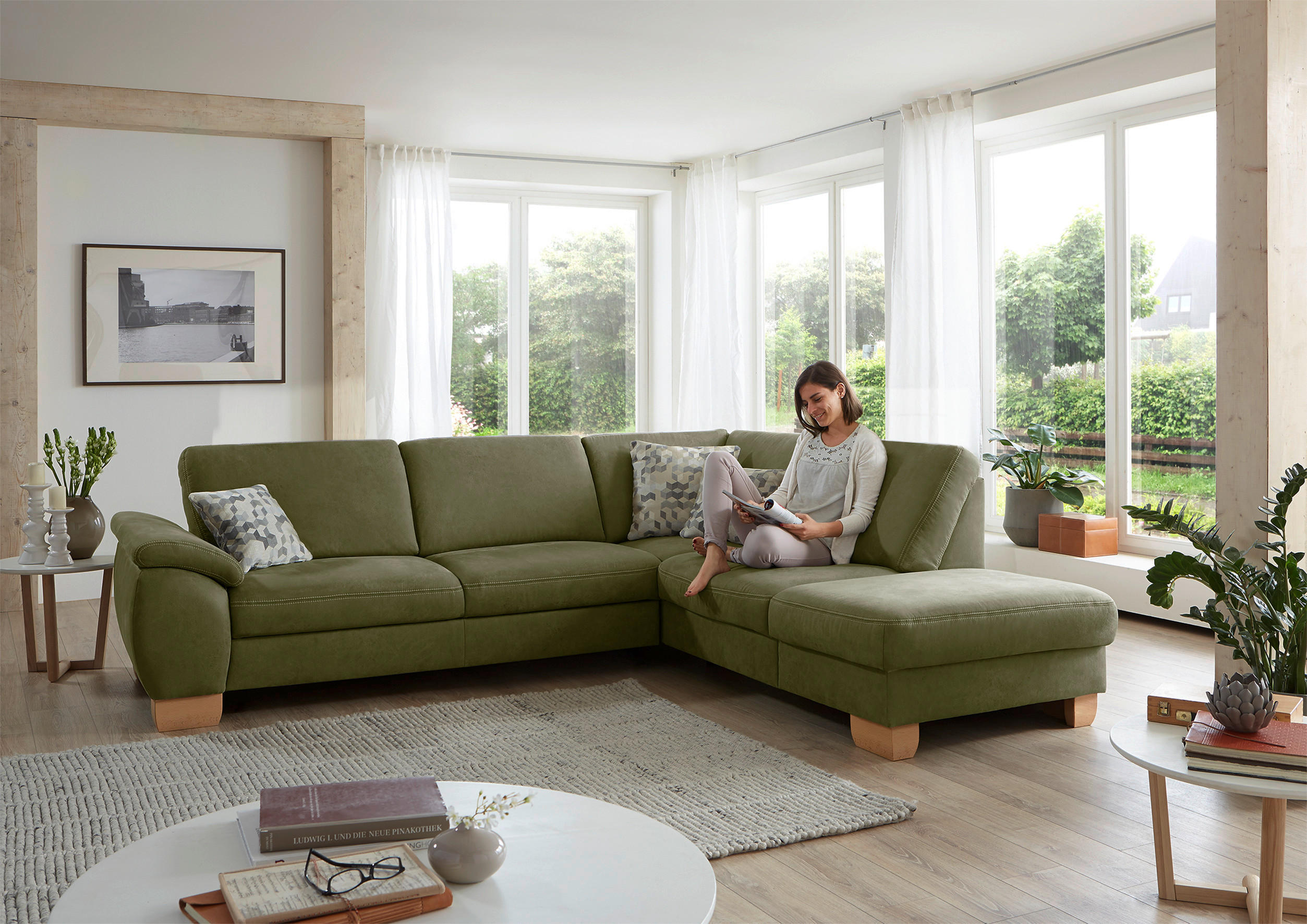 ECKSOFA in Mikrofaser Hellgrün  - Wildeiche/Beige, Konventionell, Holz/Textil (236/286cm) - Voleo