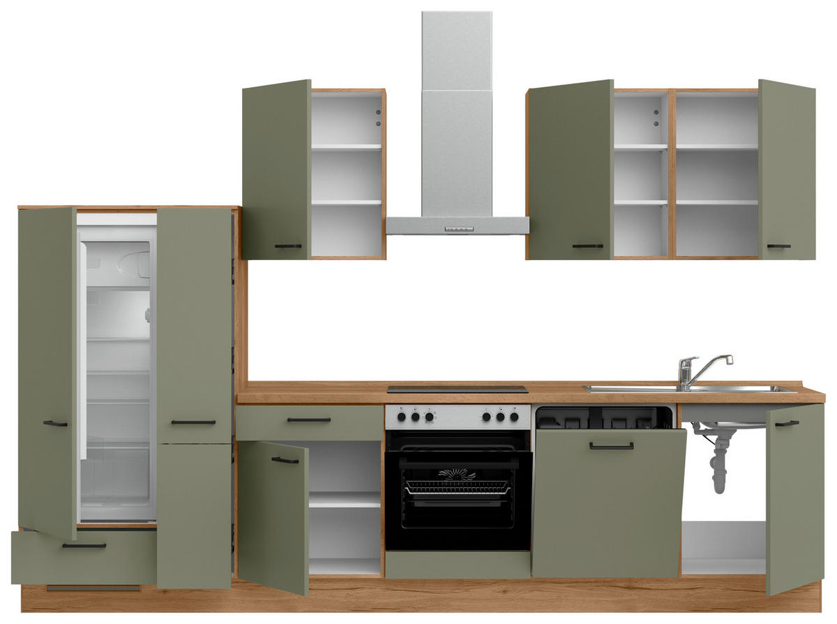 KÜCHENLEERBLOCK Senso 330 cm  in Eichefarben, Olivgrün  - Eichefarben/Schwarz, MODERN, Holzwerkstoff/Metall (330cm) - Nobilia