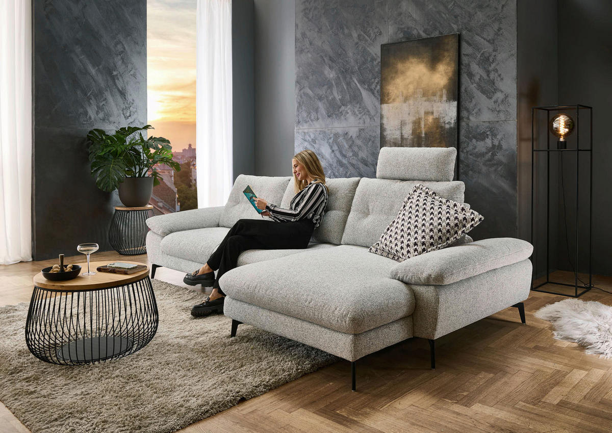 ECKSOFA Hellgrau Flachgewebe  - Hellgrau/Schwarz, Design, Textil/Metall (303/168cm) - Valdera