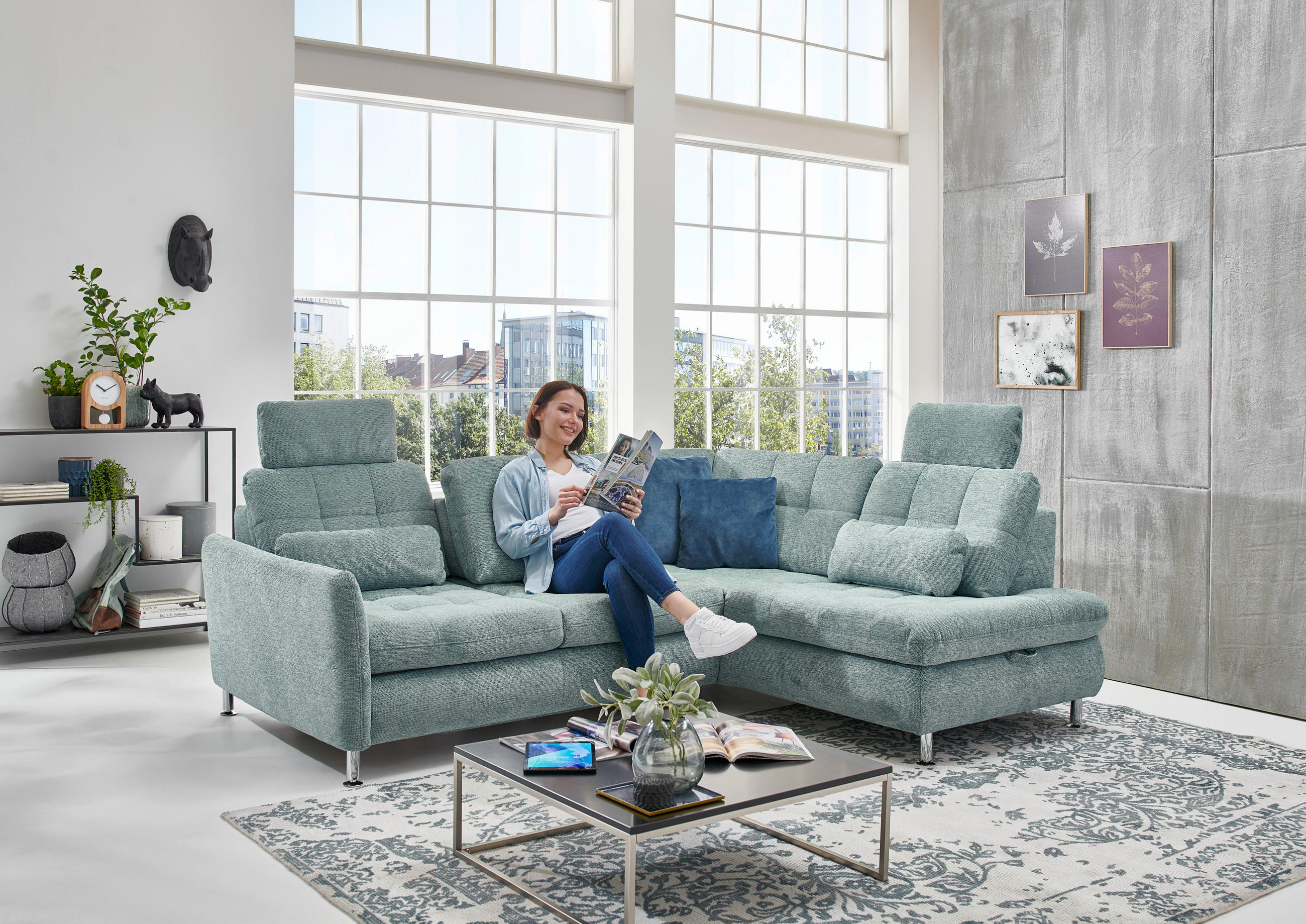 ECKSOFA Blau Webstoff  - Chromfarben/Blau, Design, Textil/Metall (242/210cm) - Beldomo Style