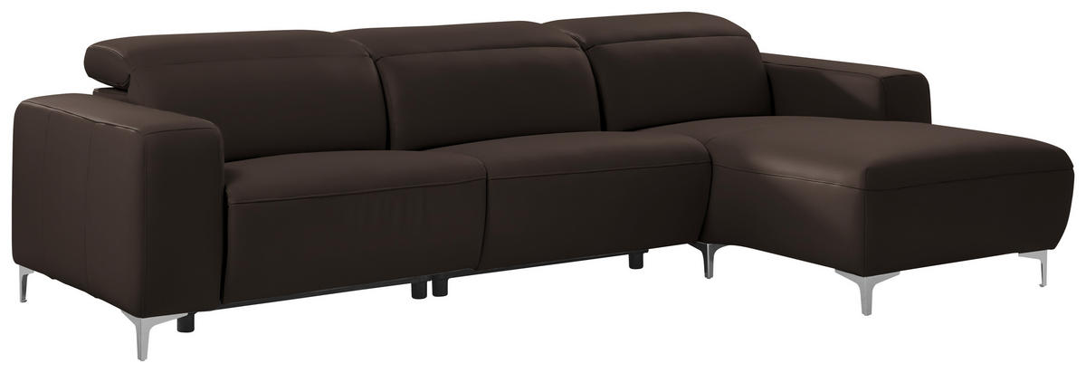 ECKSOFA in Echtleder Dunkelbraun  - Chromfarben/Dunkelbraun, Design, Leder/Metall (292/177cm) - Pure Home Lifestyle