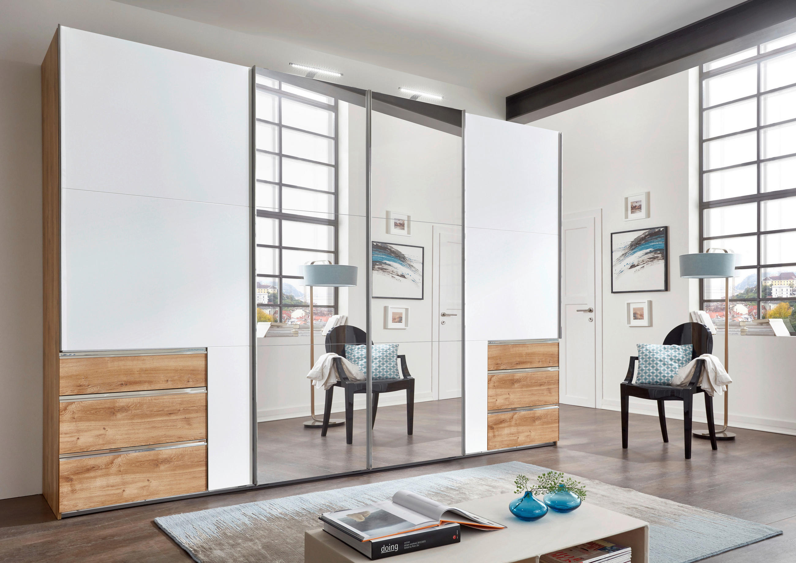 SCHWEBETÜRENSCHRANK 300/216/65 cm 4-türig Weiß, Eichefarben  - Chromfarben/Eichefarben, MODERN, Glas/Holzwerkstoff (300/216/65cm) - MID.YOU