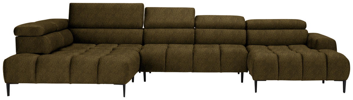WOHNLANDSCHAFT in Samt, Webstoff Olivgrün  - Schwarz/Olivgrün, Design, Textil/Metall (216/385/177cm) - Welnova