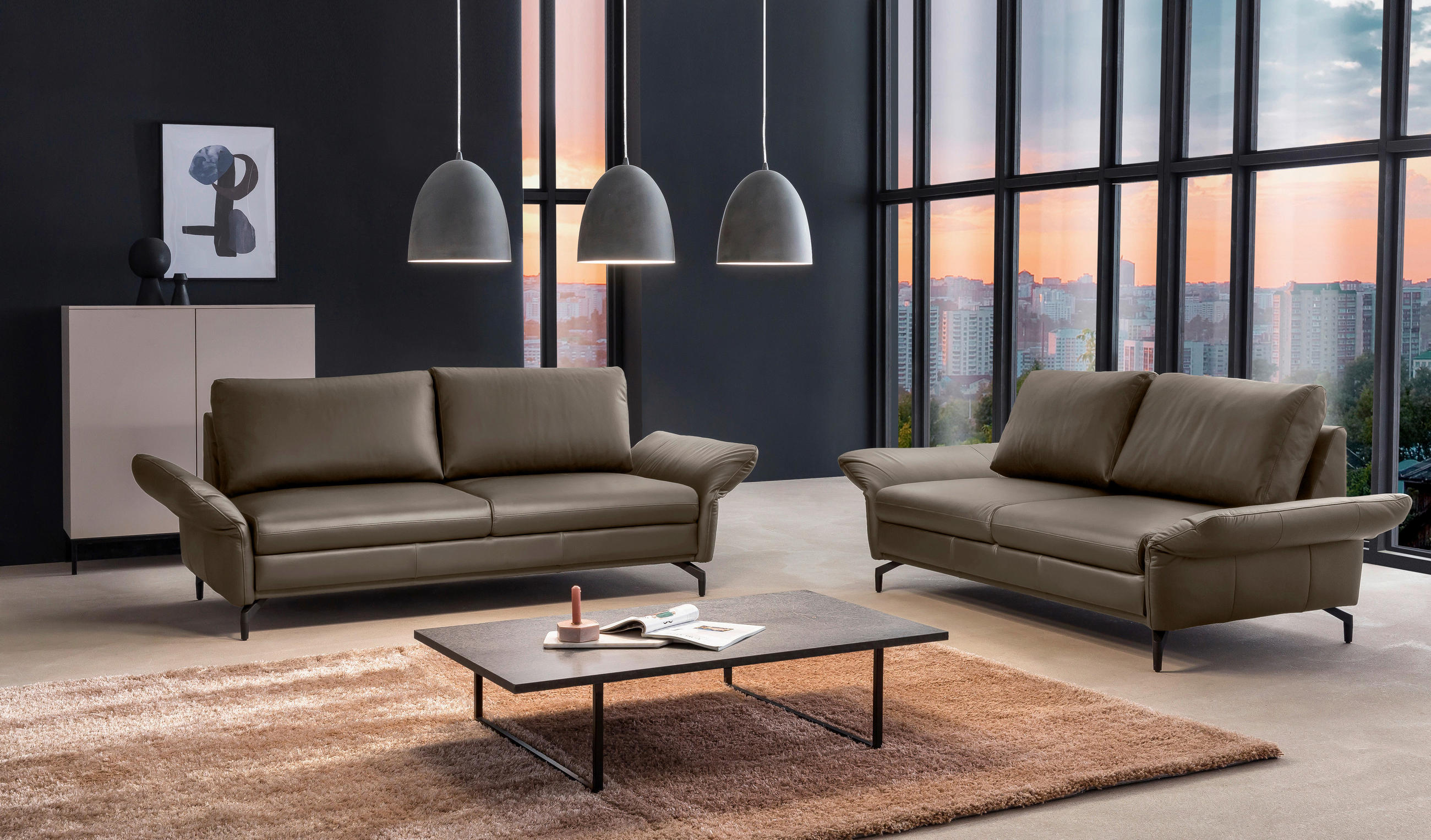 3-SITZER-SOFA in Lederlook Greige  - Greige/Schwarz, Design, Textil/Metall (173/85/93cm) - Livetastic