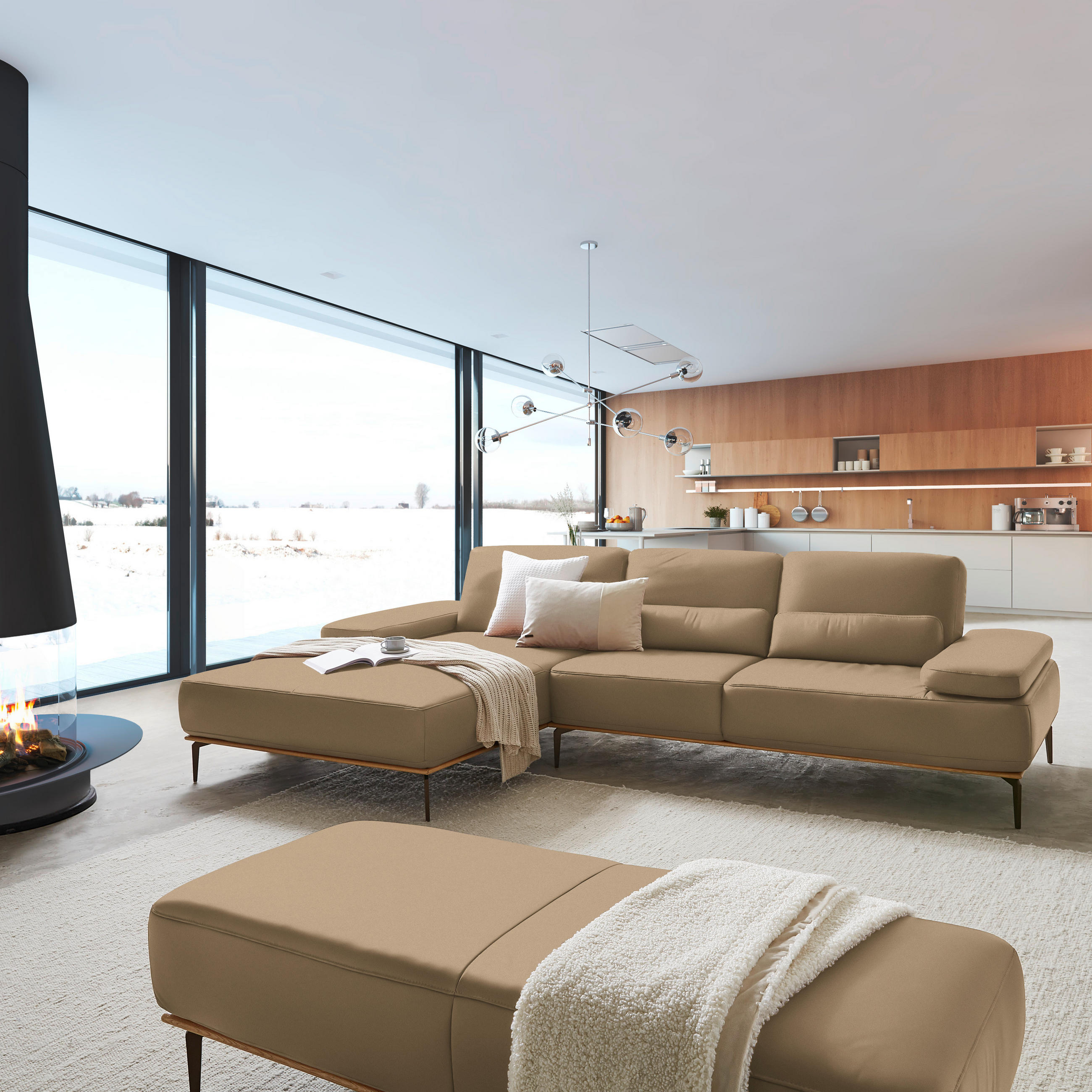 ECKSOFA in Echtleder Hellbraun  - Hellbraun/Bronzefarben, Design, Leder/Holz (176/314cm) - Valnatura