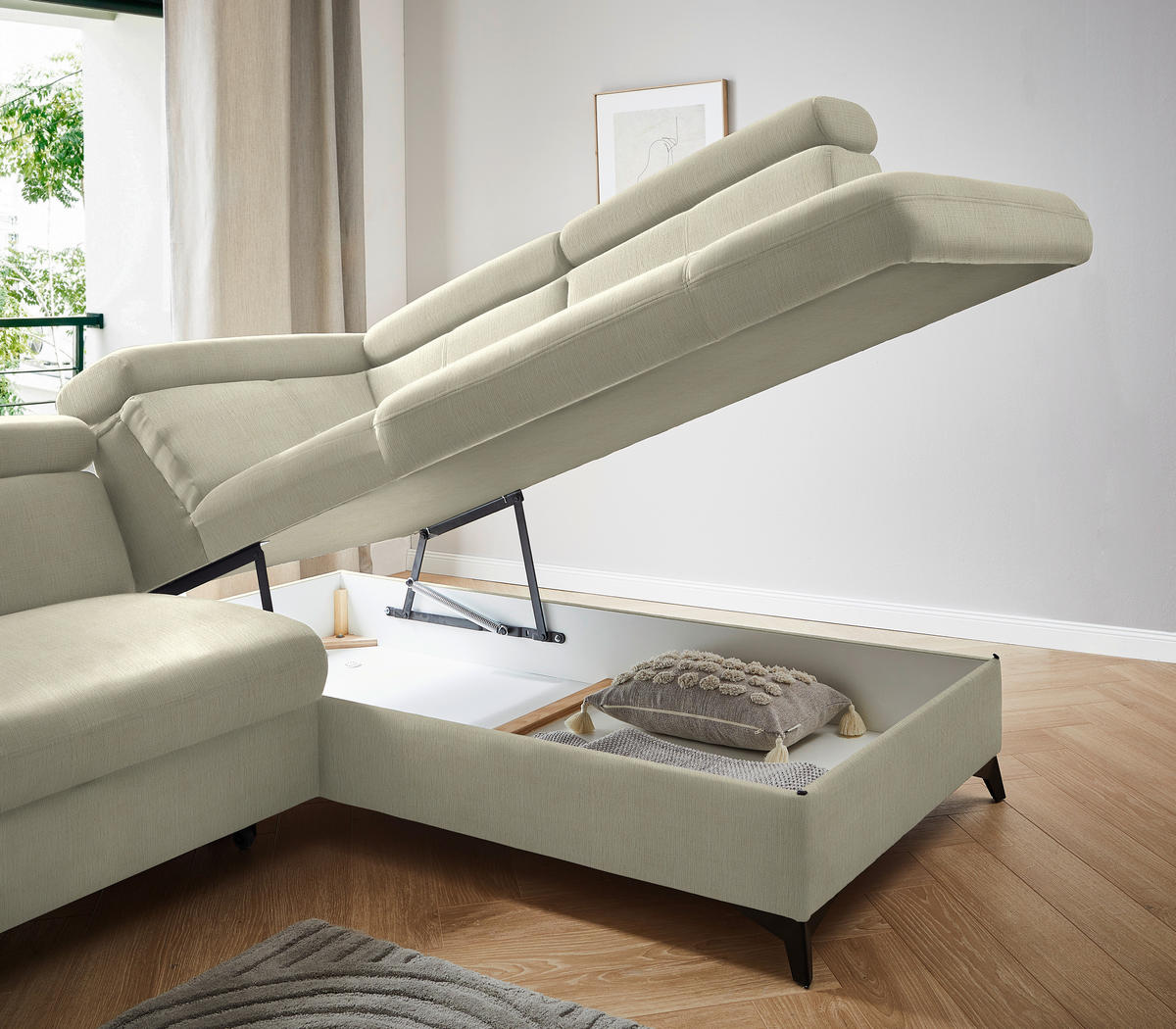 ECKSOFA in Flachgewebe Creme  - Creme/Schwarz, Design, Textil/Metall (260/203cm) - Stylife