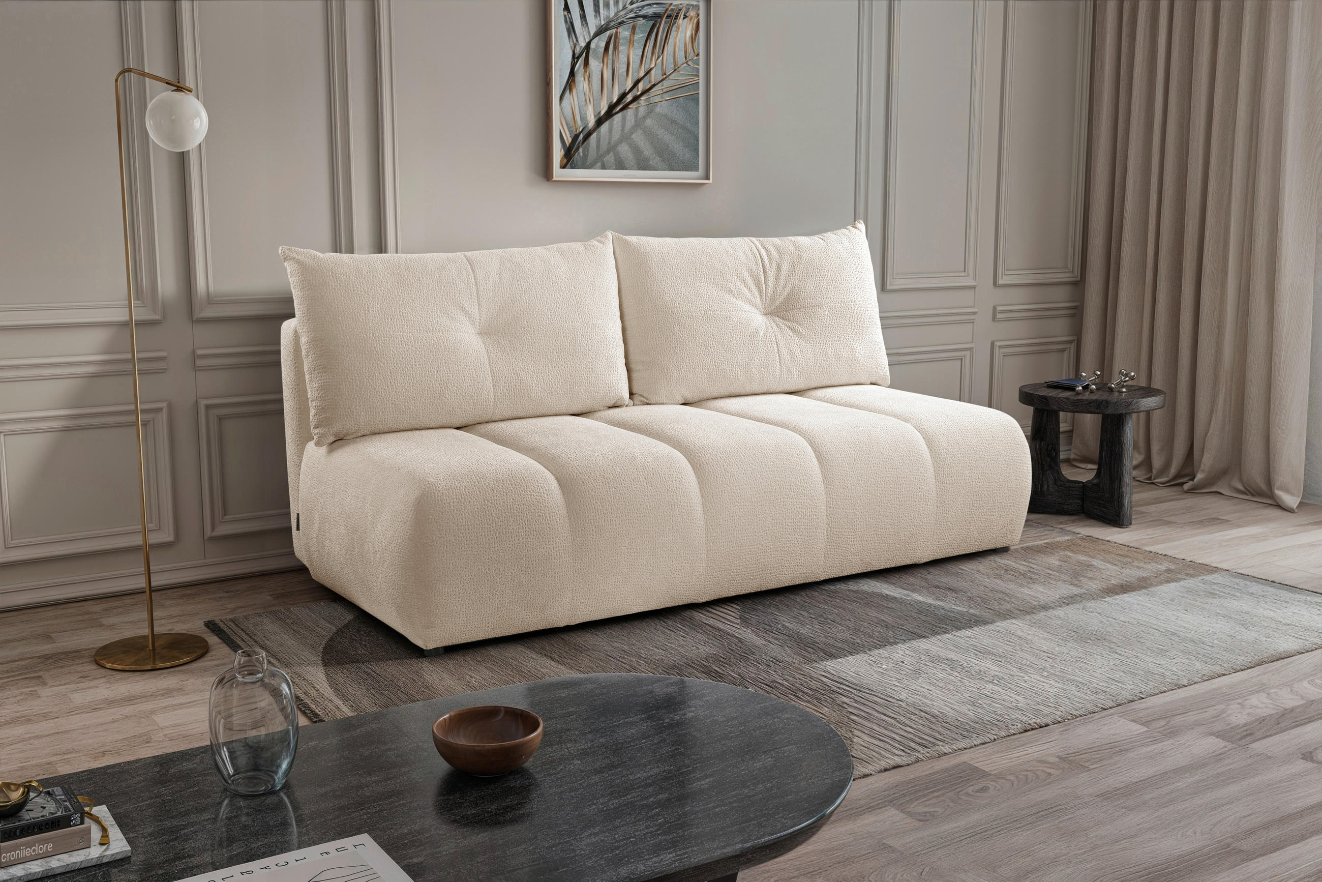 SCHLAFSOFA  mit Bettkasten erhältlich, Bettfunktion erhältlich Struktur Creme  - Creme/Schwarz, Design, Holz/Textil (209/100/103cm) - MID.YOU