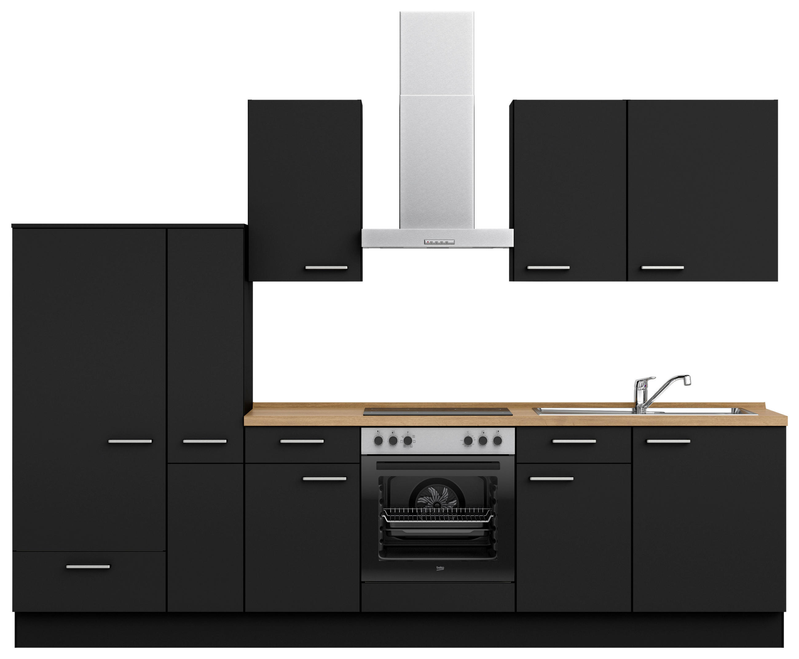 KÜCHENBLOCK 300 cm   in Schwarz, Eichefarben  - Edelstahlfarben/Eichefarben, MODERN, Holzwerkstoff/Metall (300cm) - Nobilia