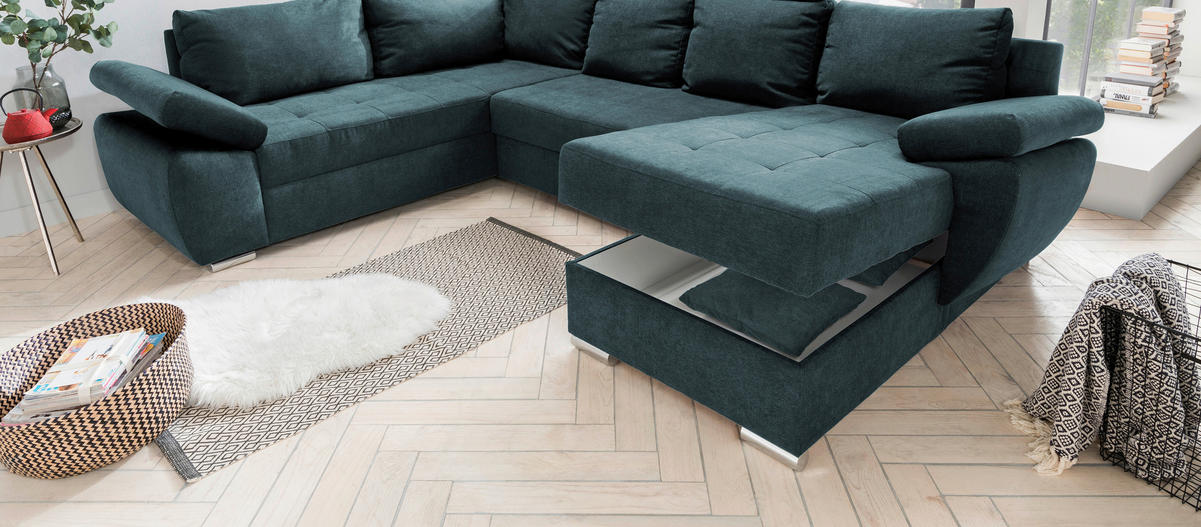 Wohnlandschaft Petrol Mikrofaser  - Chromfarben/Petrol, KONVENTIONELL (219/305/157cm) - Livetastic