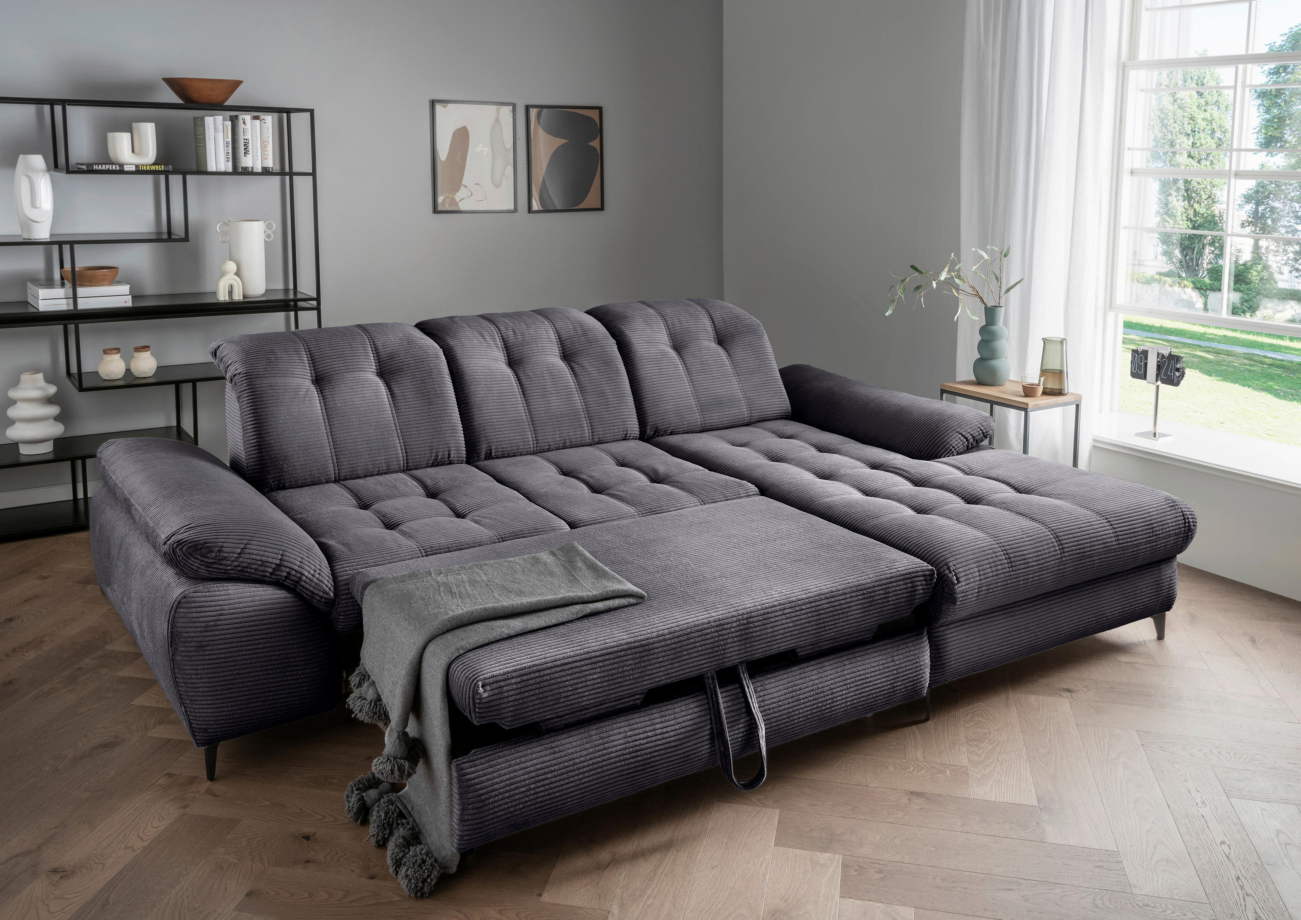 ECKSCHLAFSOFA in Cord Grau  - Schwarz/Grau, Modern, Textil/Metall (273/189cm) - Livetastic