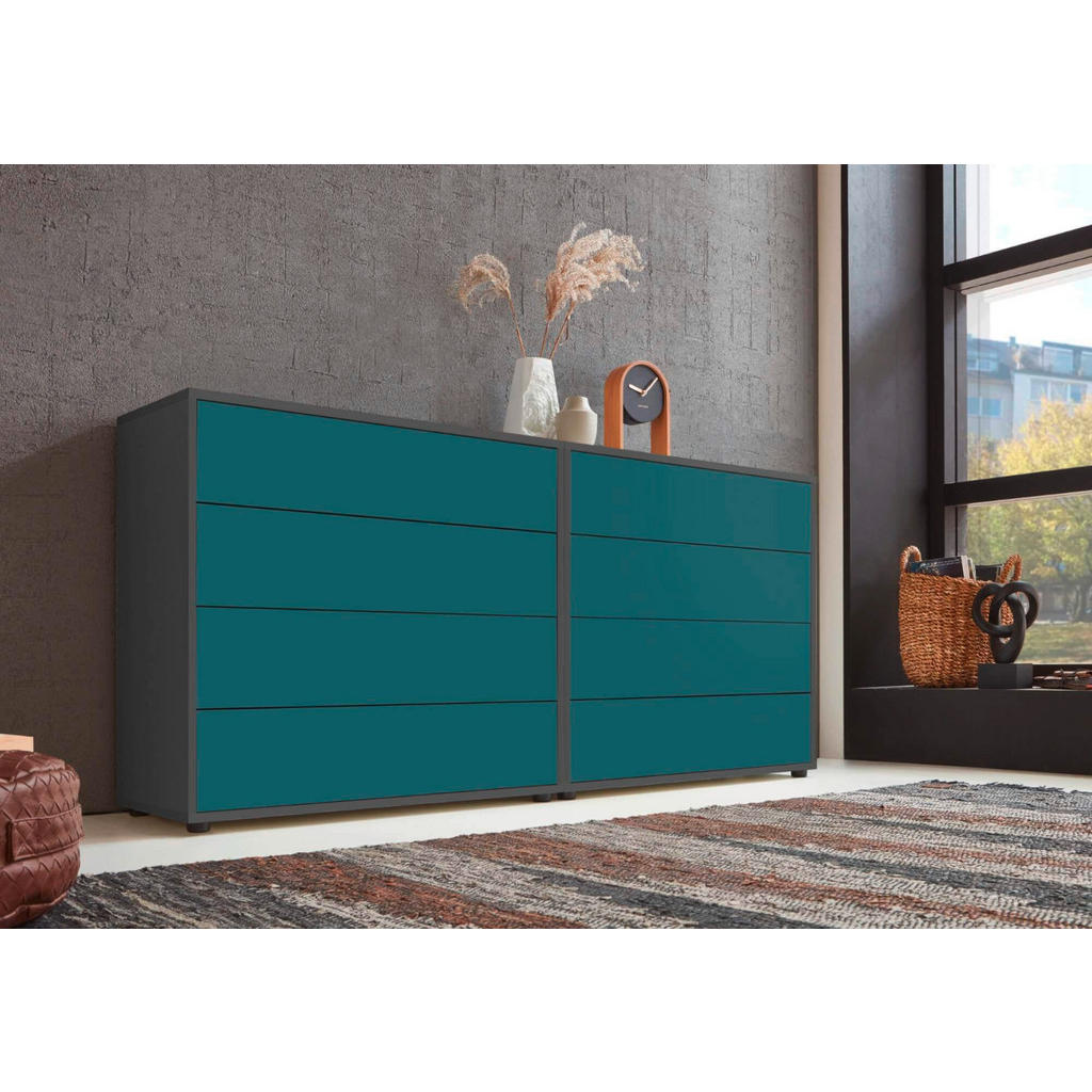Thumbnail - Mid.you Sideboard Mailand Set 1, Anthrazit, Petrol, Holzwerkstoff, 8 Schubladen, 158x73x33 cm, erweiterbar, stehend, Woh...