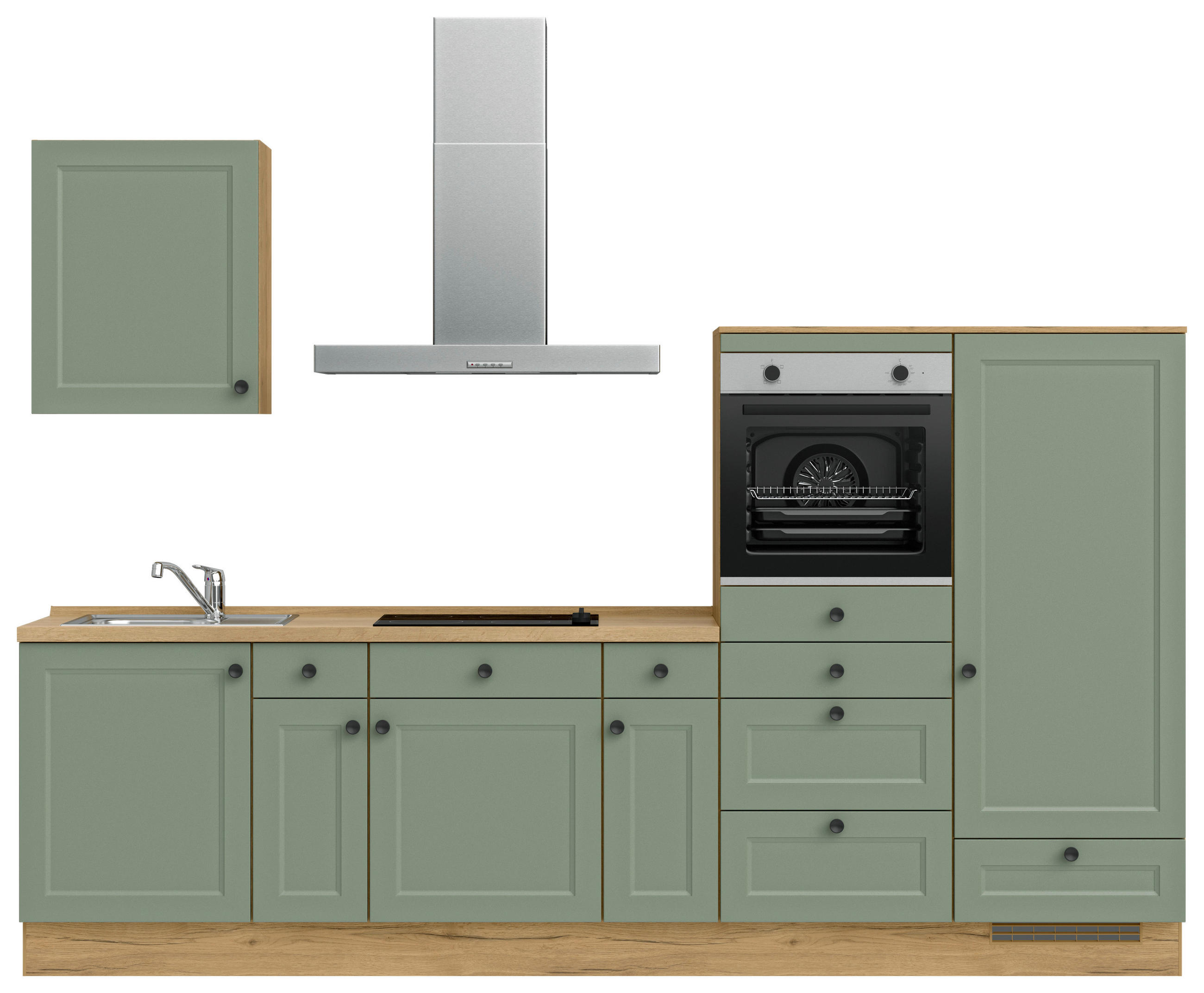 BUCĂTĂRIE FĂRĂ ELECTROCASNICE  - verde/culoare lemn stejar, Modern, metal/material pe bază de lemn (300cm) - Nobilia